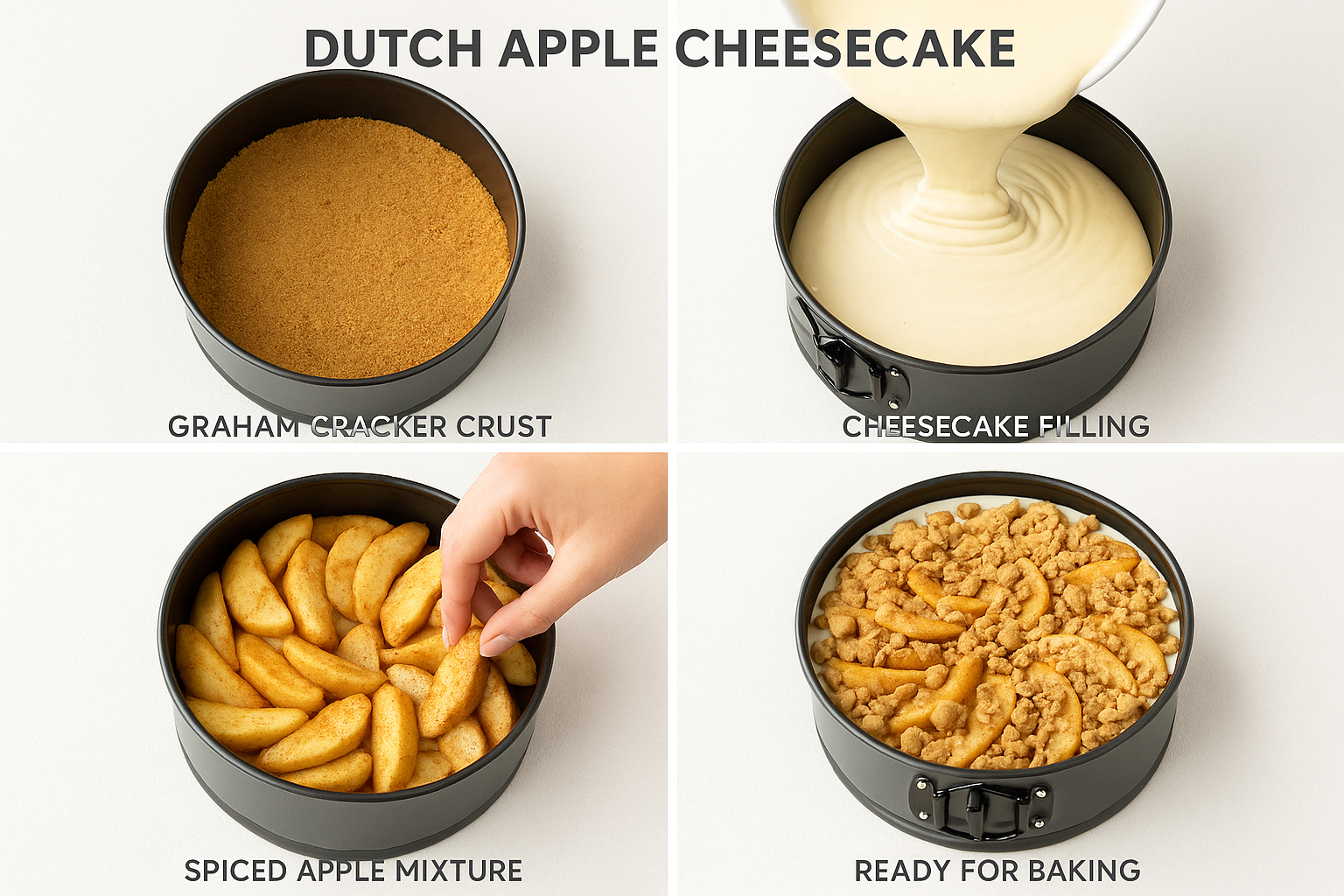 Create a 1024x1024 square image showing the step-by-step assembly process of Dutch Apple Cheesecake. Display four quadrants: top left shows 