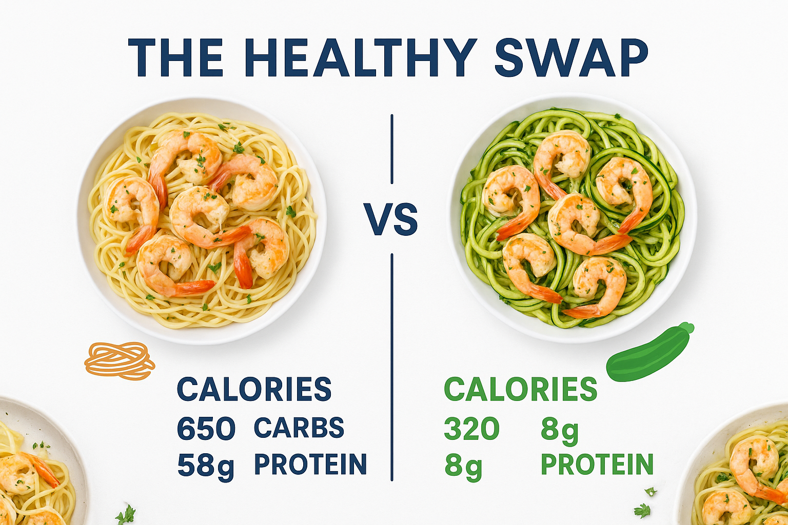 Create a 1536x1024 landscape infographic showing the nutritional comparison between traditional pasta shrimp scampi versus zucchini noodle v