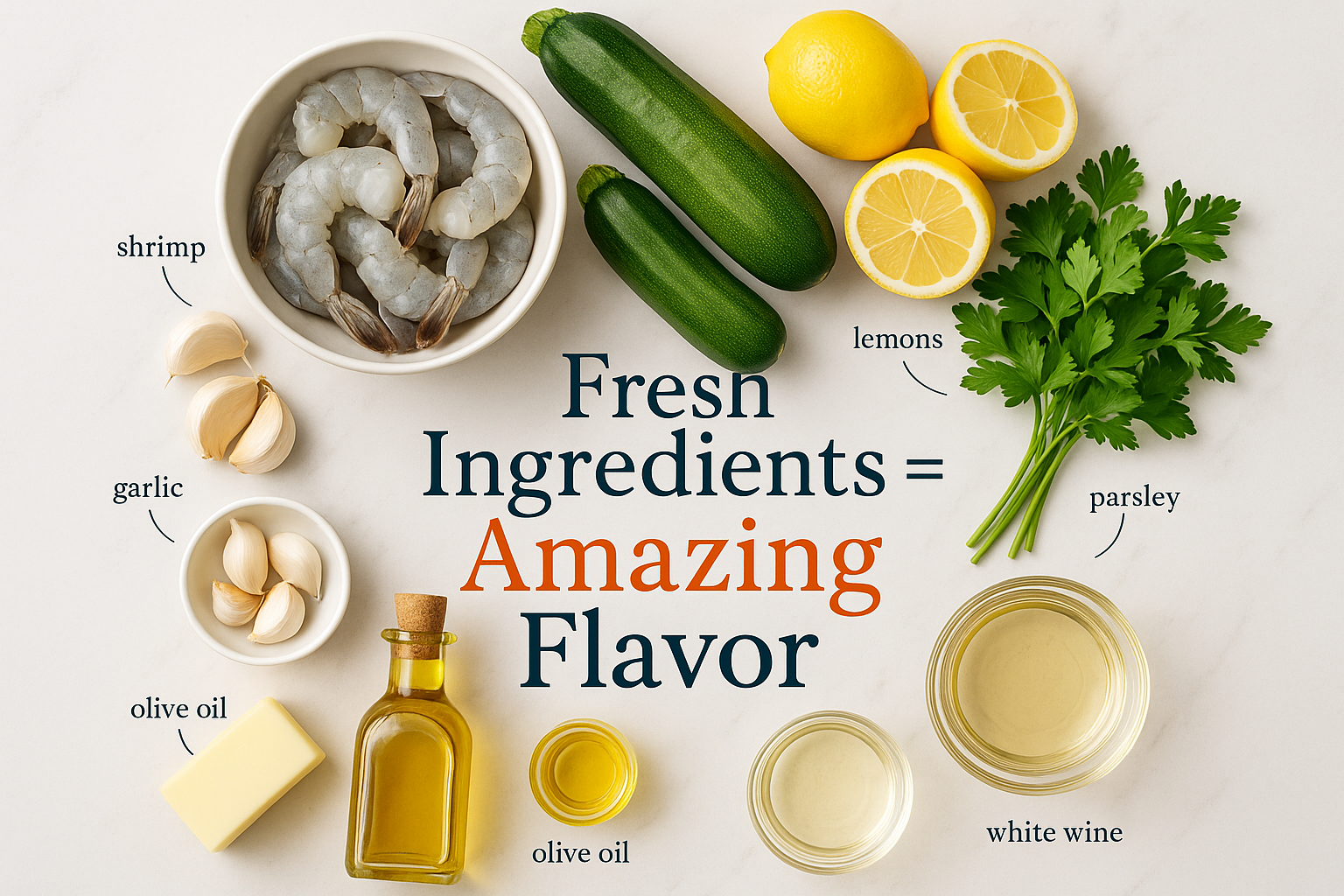 Create a 1024x1024 square image showcasing a beautifully styled flat-lay of all the fresh ingredients needed for shrimp scampi with zucchini