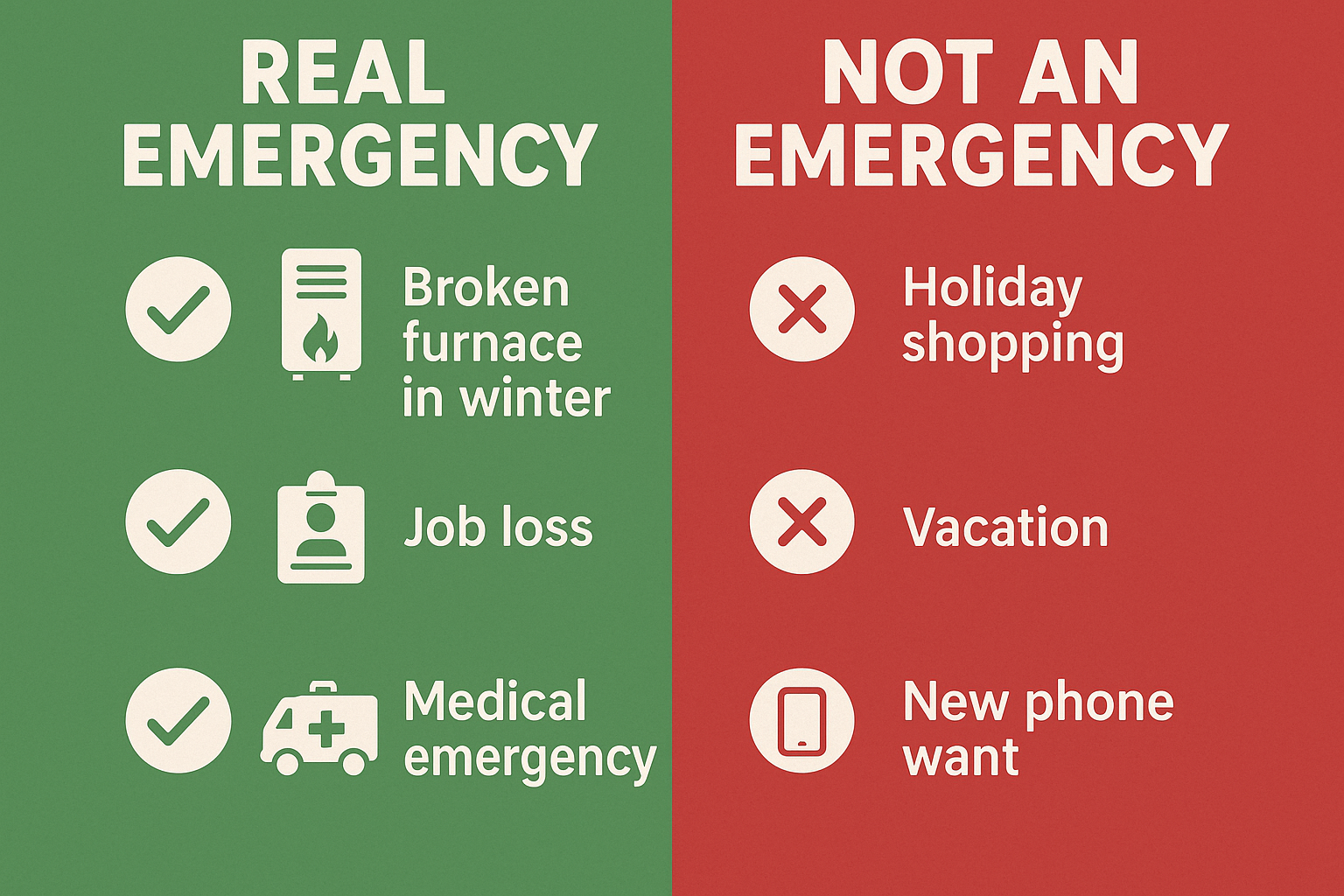 Square infographic in 1024x1024 format comparing "Real Emergency" vs "Not an Emergency" scenarios. Split the image vertically down the middl