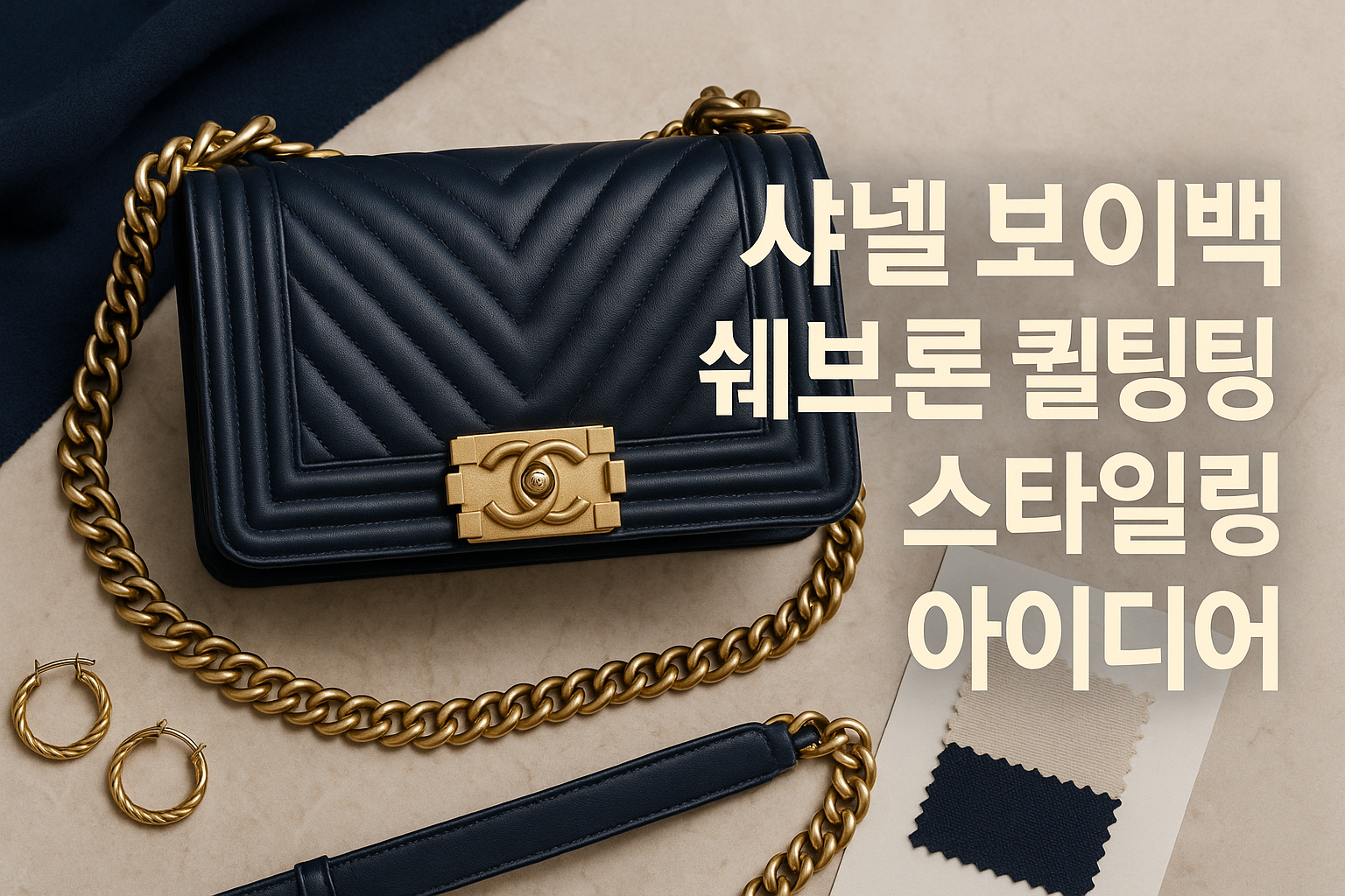 Create a luxurious cover image in 1536x1024 landscape format featuring an elegant Chanel Boy bag with chevron quilting pattern as the main f