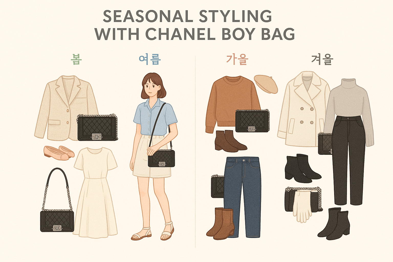 Create a seasonal styling guide in 1024x1024 square format featuring four sections representing spring, summer, fall, and winter styling wit