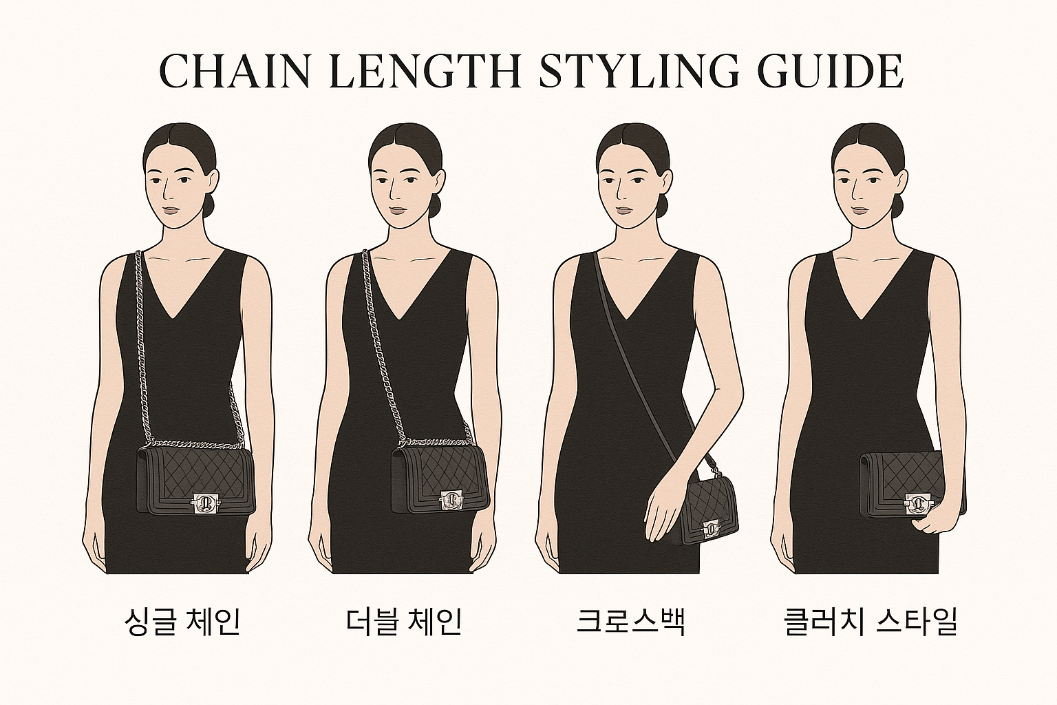 Create an elegant chain length styling guide in 1536x1024 landscape format showing different ways to wear the Chanel Boy bag chain. Display 