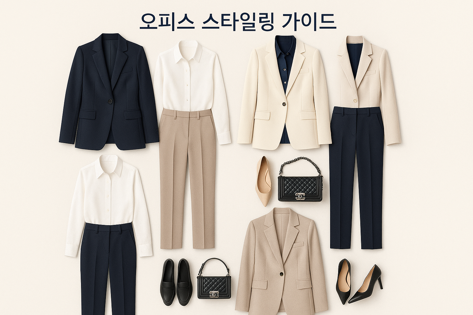 Create a professional office styling guide in 1024x1024 square format showing business outfit combinations with Chanel Boy bag. Include blaz