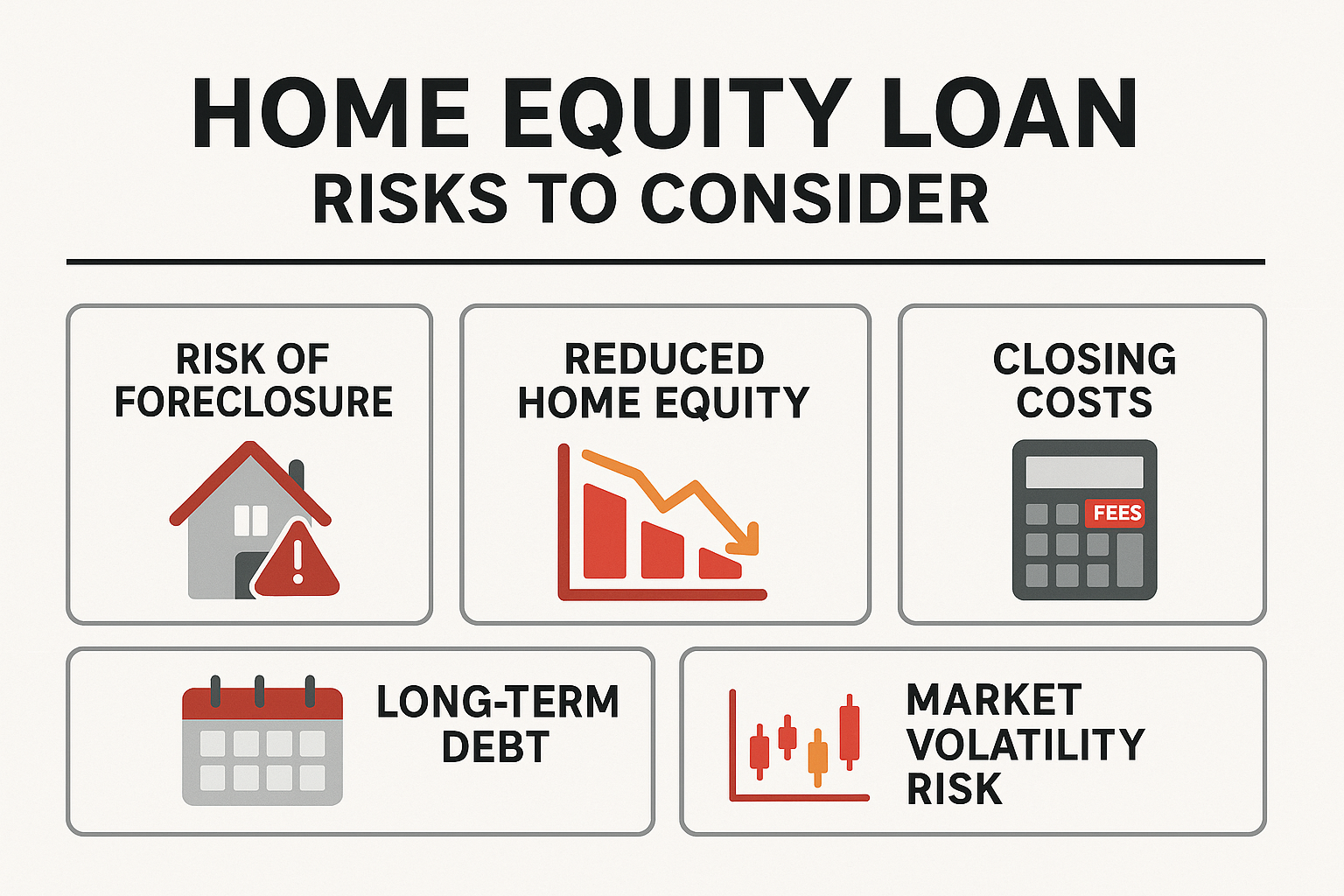 Risk warning infographic in 1536x1024 landscape format titled "Home Equity Loan Risks to Consider" featuring 5 warning boxes with icons. Box