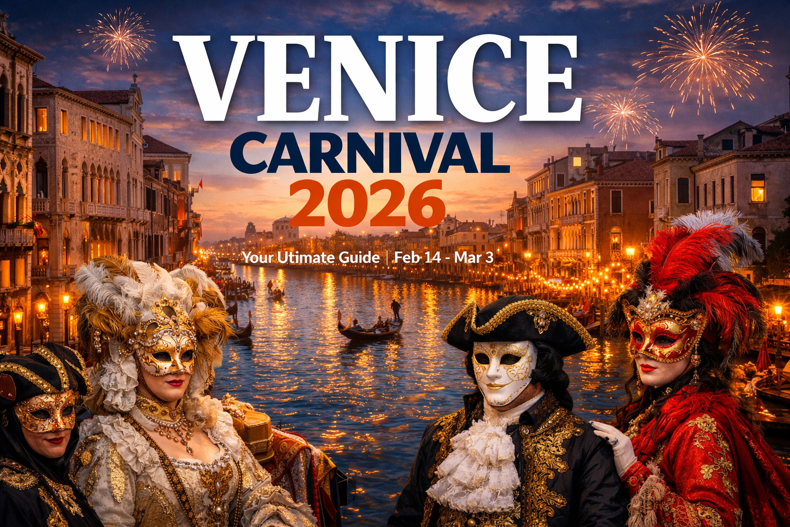 Landscape cover image (1536x1024) featuring a stunning view of Venice's Grand Canal at twilight during carnival, with elaborately costumed f