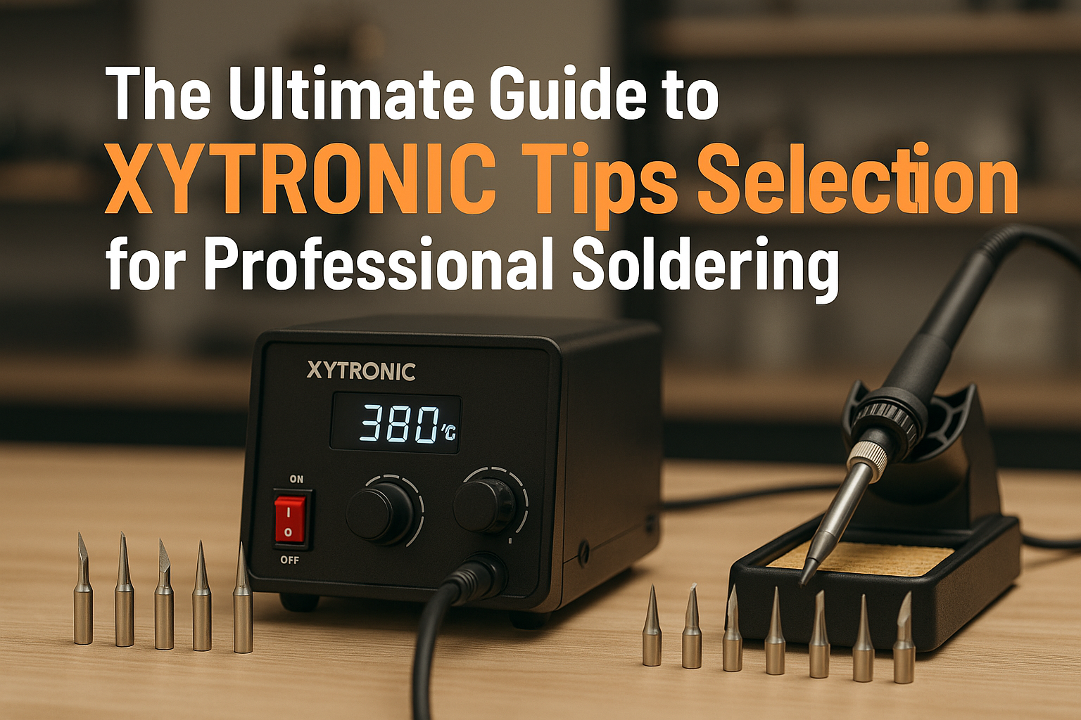 Create a 1536x1024 landscape cover image featuring a high-quality XYTRONIC soldering station with various soldering tips arranged around it.