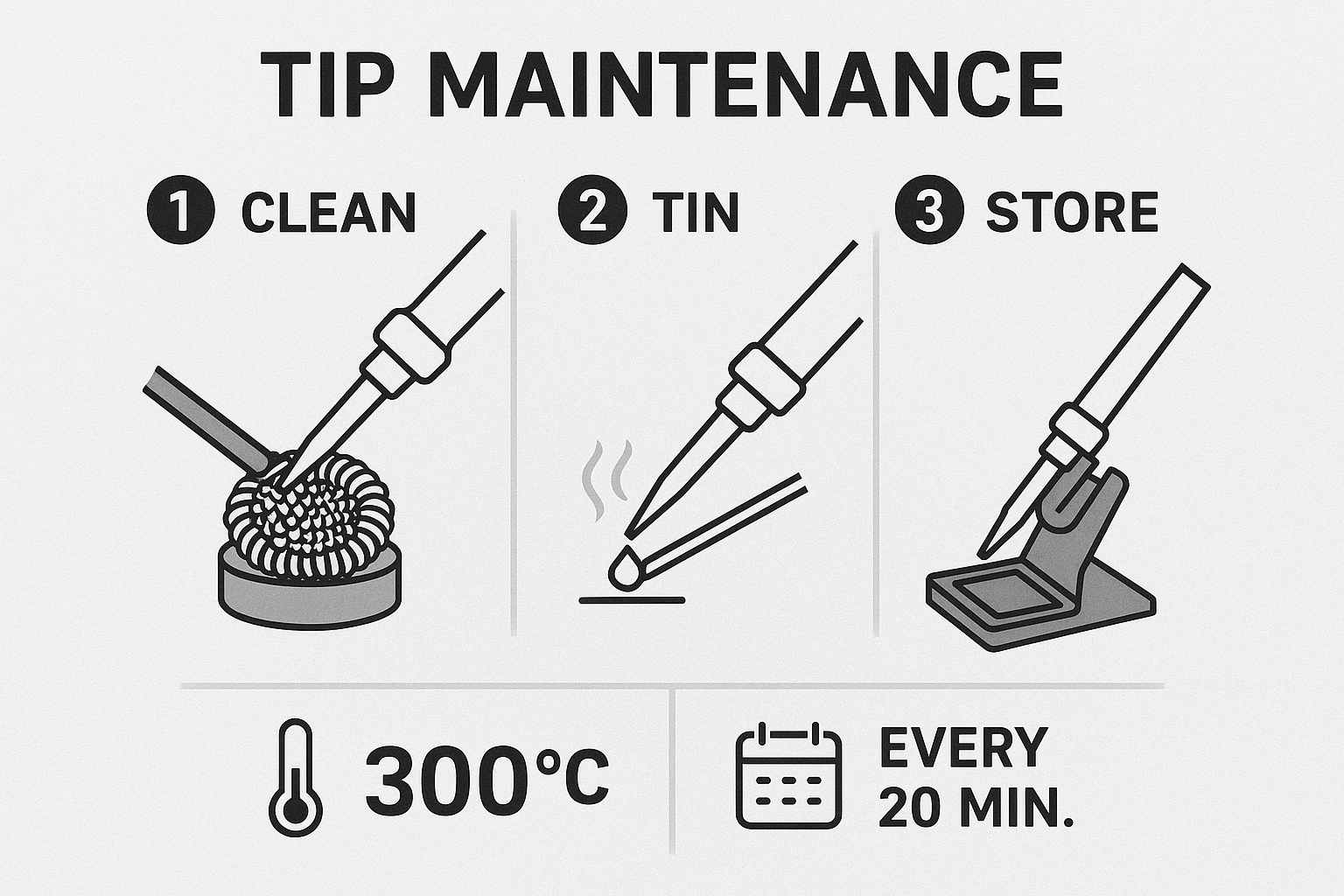 Create a 1024x1024 square image showing proper tip maintenance techniques. Display a step-by-step visual guide including cleaning with brass