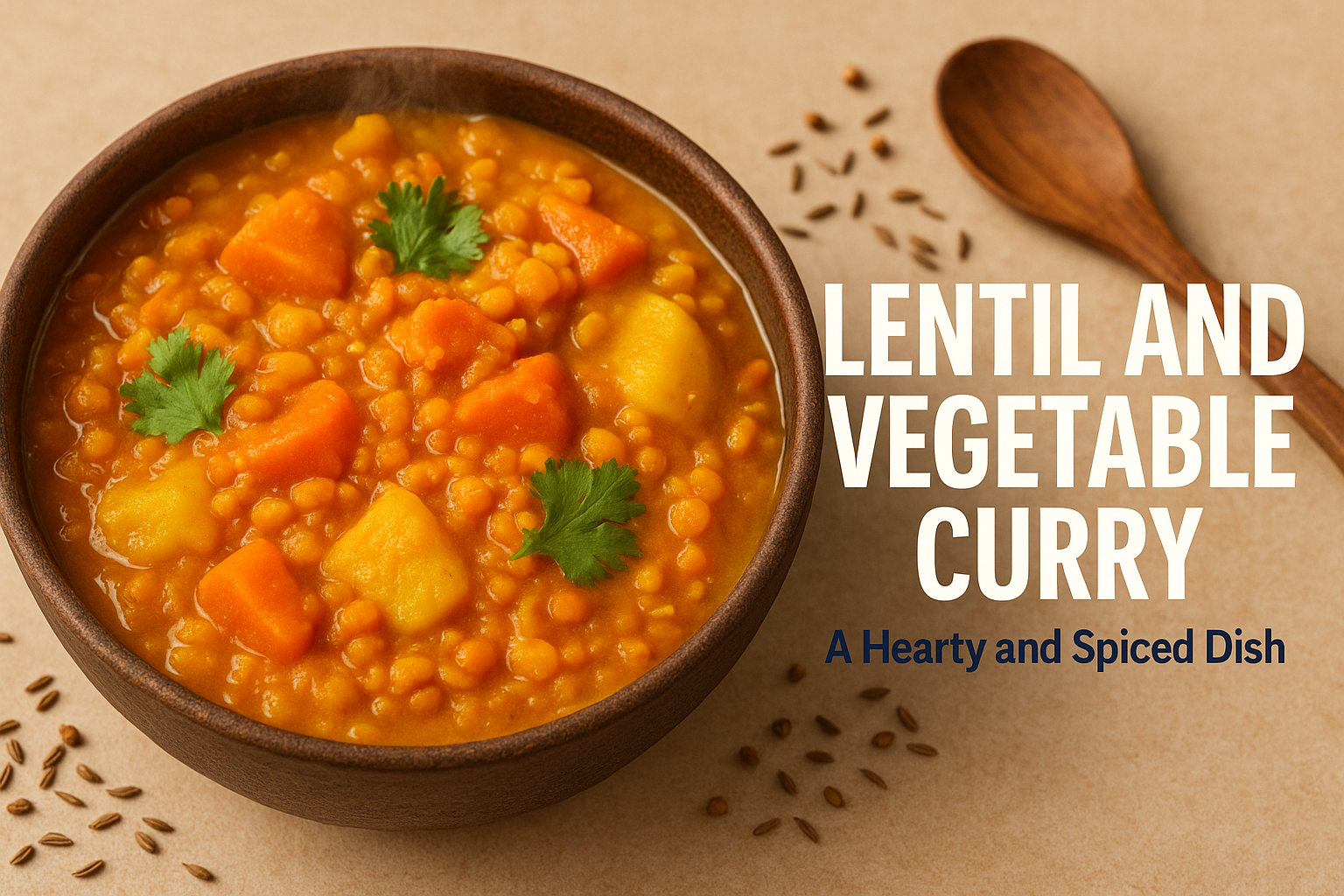 Create a stunning 1536x1024 landscape cover image featuring a beautiful rustic bowl of vibrant lentil and vegetable curry with visible chunk