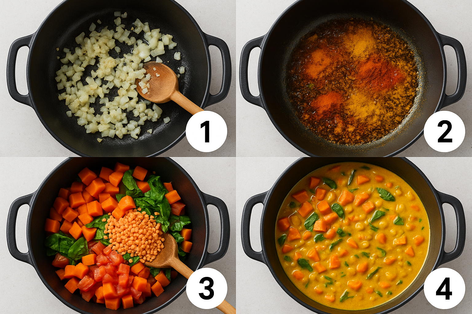 Create a 1024x1024 square image showing a step-by-step visual of curry preparation in four quadrants. Top left: aromatics (garlic, ginger, o