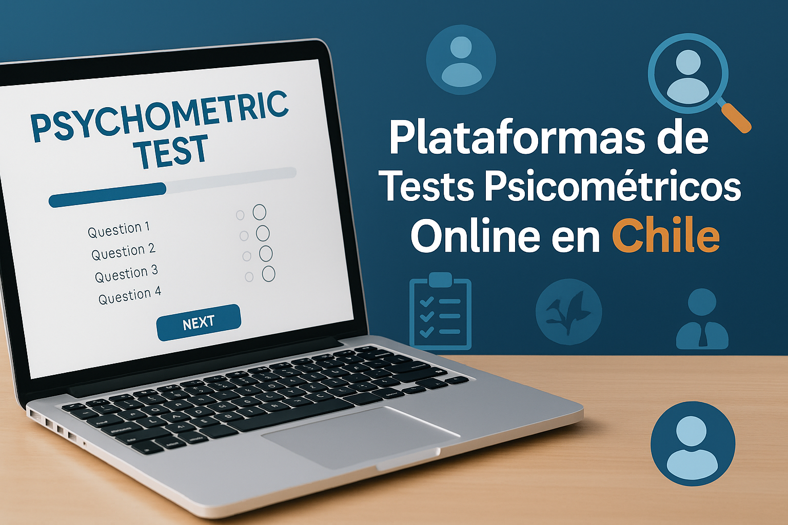 Cover image - Una imagen profesional en formato apaisado (1536x1024) que muestra una interfaz moderna de tests psicométricos en una laptop c