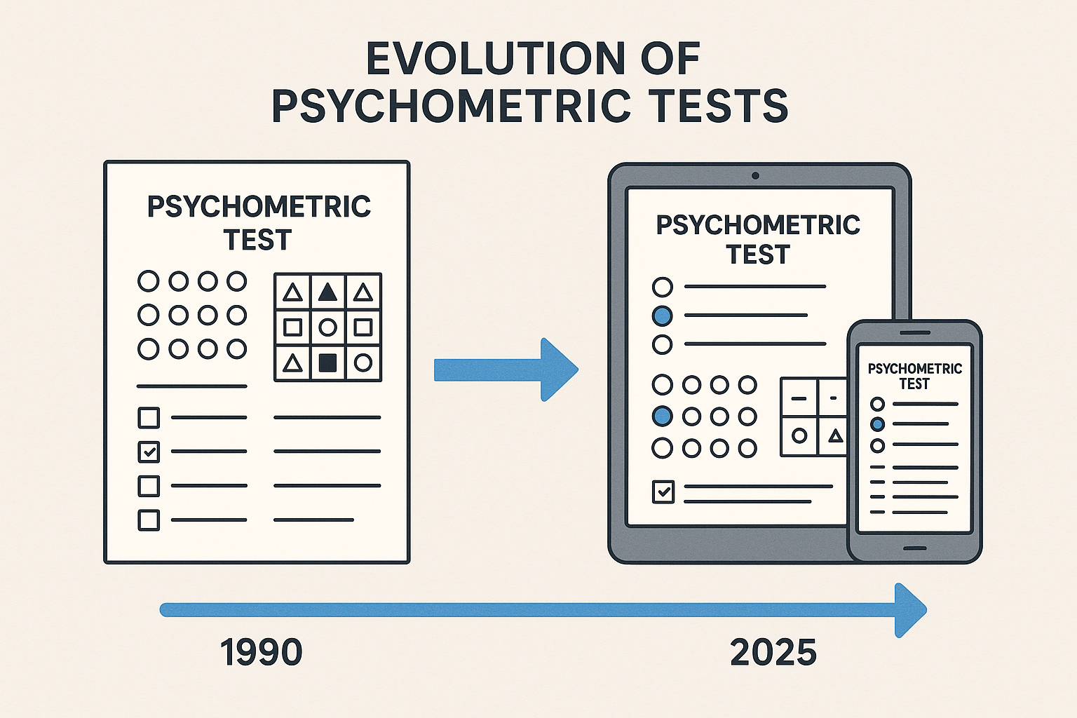 Una ilustración en formato cuadrado (1024x1024) que muestra la evolución de los tests psicométricos desde formatos en papel (a la izquierda)