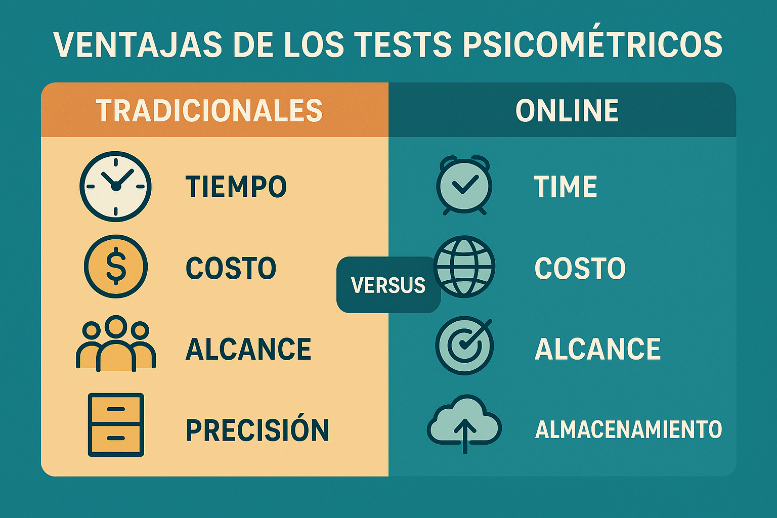 Una infografía en formato apaisado (1536x1024) que compara visualmente las ventajas de los tests psicométricos tradicionales versus online. 