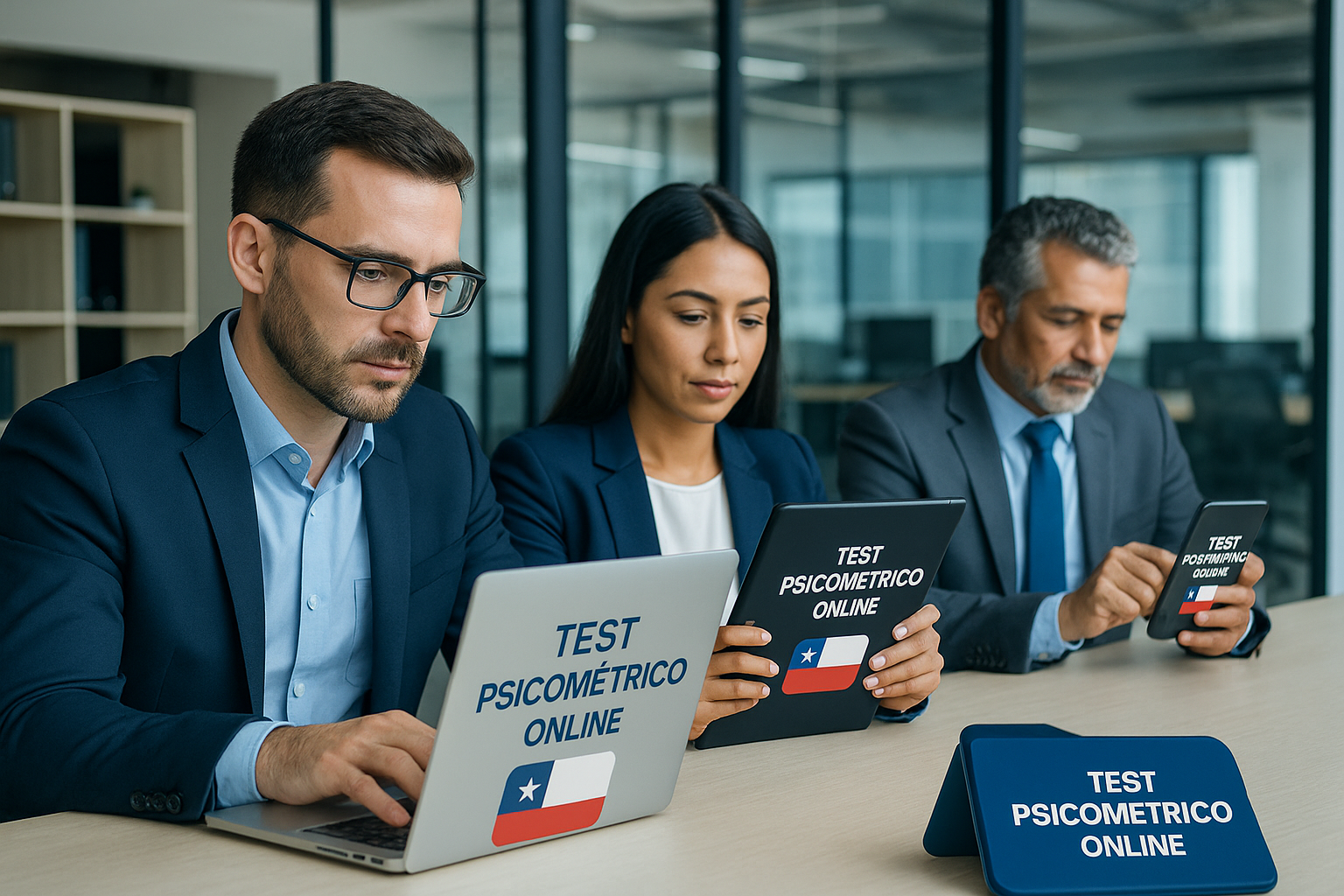 Una imagen en formato cuadrado (1024x1024) que muestra a profesionales chilenos utilizando dispositivos diferentes (laptop, tablet, smartpho