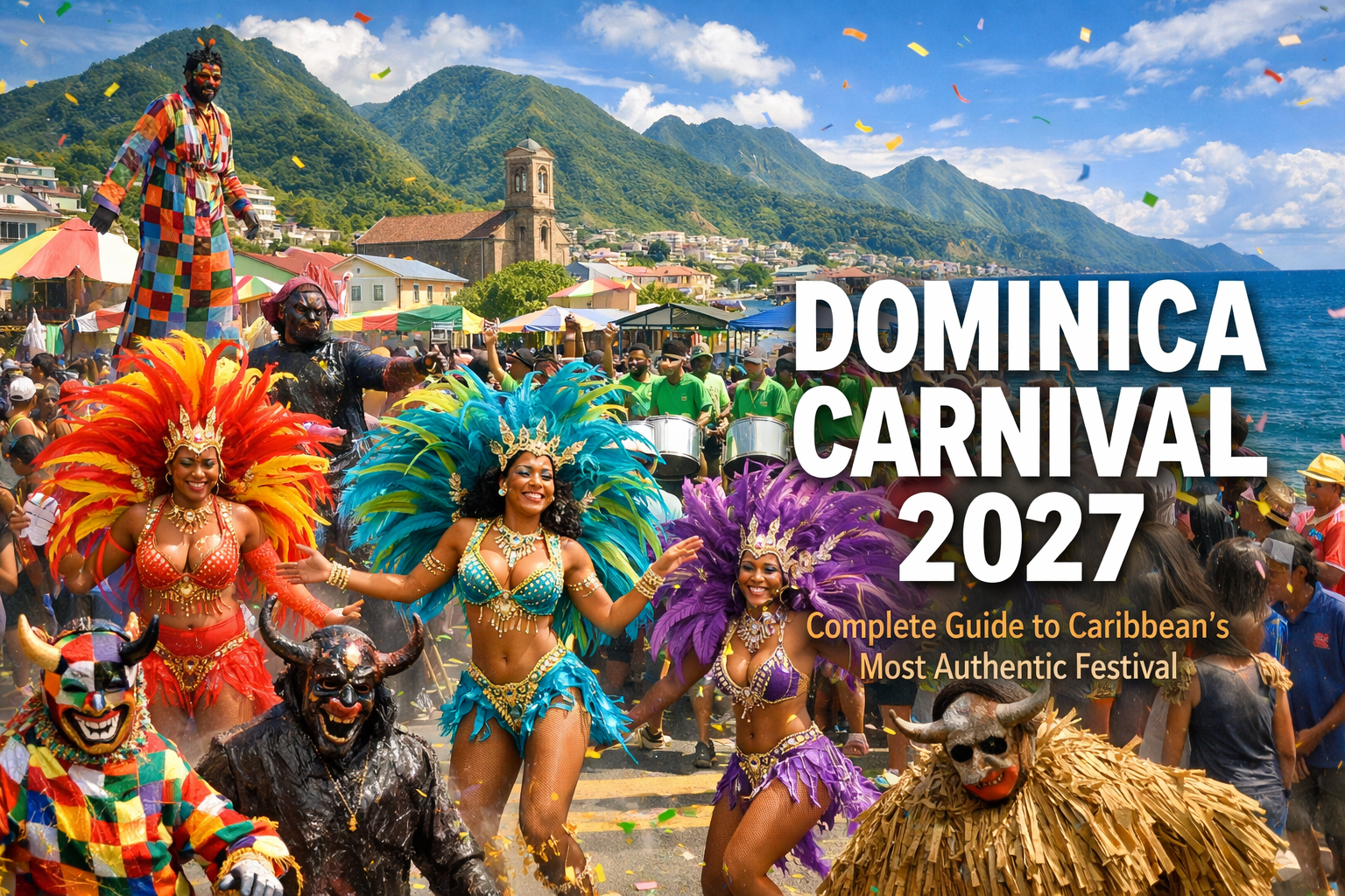 Cover image in 1536x1024 landscape format showing a vibrant Dominica Carnival scene with colorful masqueraders in elaborate feathered costum