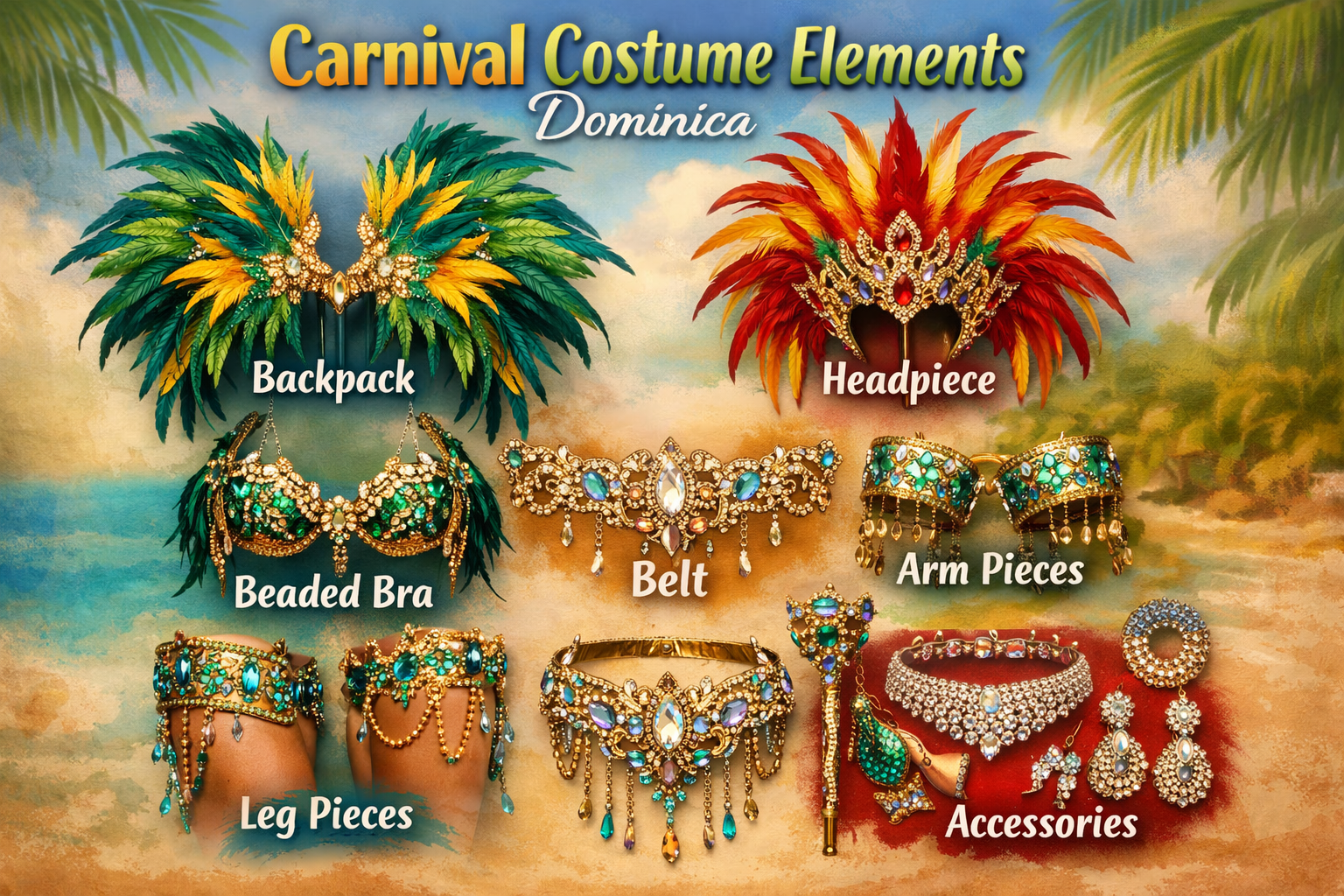 Square 1024x1024 image showcasing traditional Dominica Carnival costume elements. The image displays various costume components including el