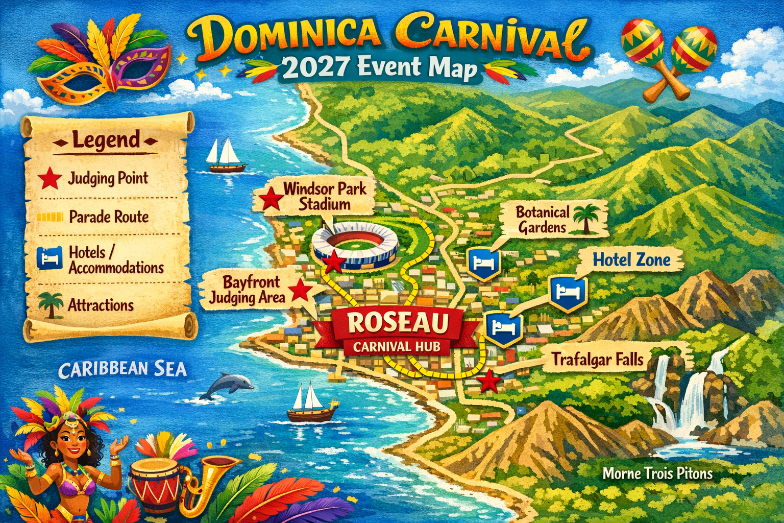 Landscape 1536x1024 image showing a map of Dominica with carnival event locations marked. The map highlights Roseau as the main carnival hub