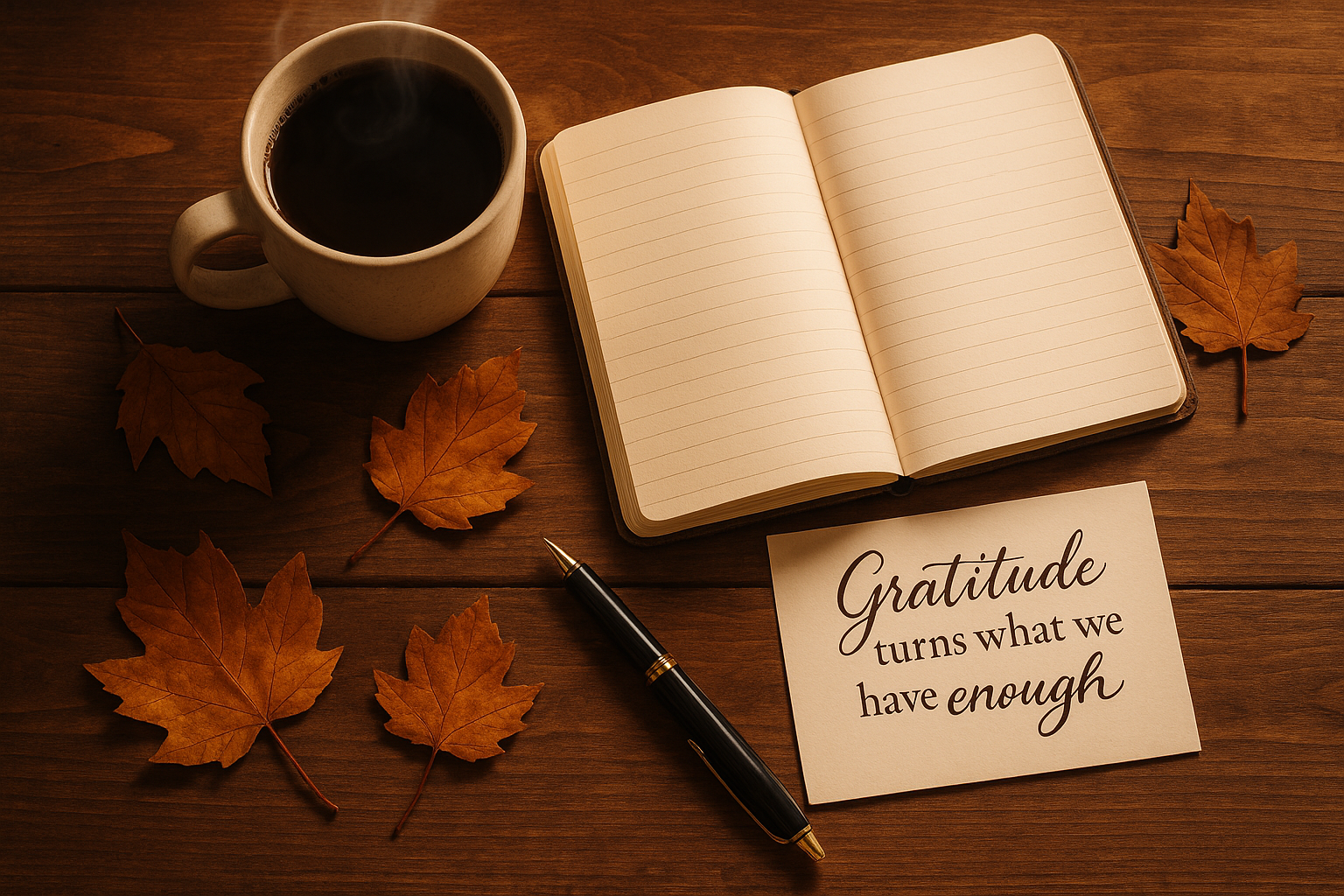 Create a 1024x1024 square image showing a cozy flatlay scene with an open journal, a steaming cup of coffee, autumn leaves, a pen, and a sma