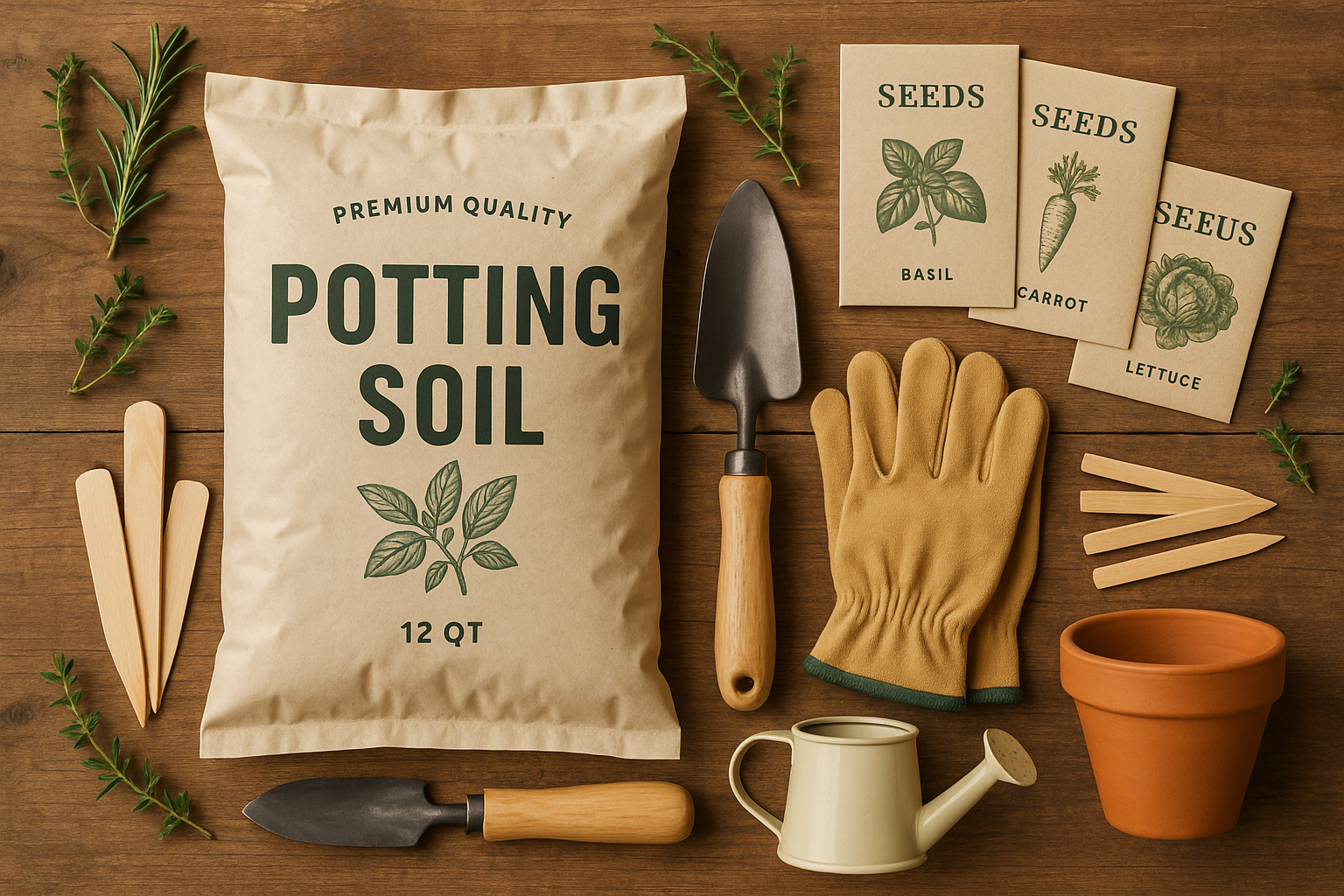 Square image (1024x1024) showing an organized flat lay of essential beginner gardening supplies on a wooden surface: quality potting soil ba