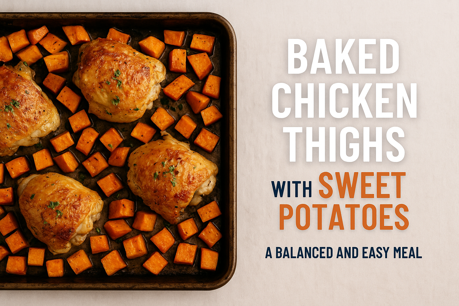 A stunning 1536x1024 landscape cover image featuring a rustic baking sheet with golden-brown, crispy-skinned chicken thighs nestled among ca