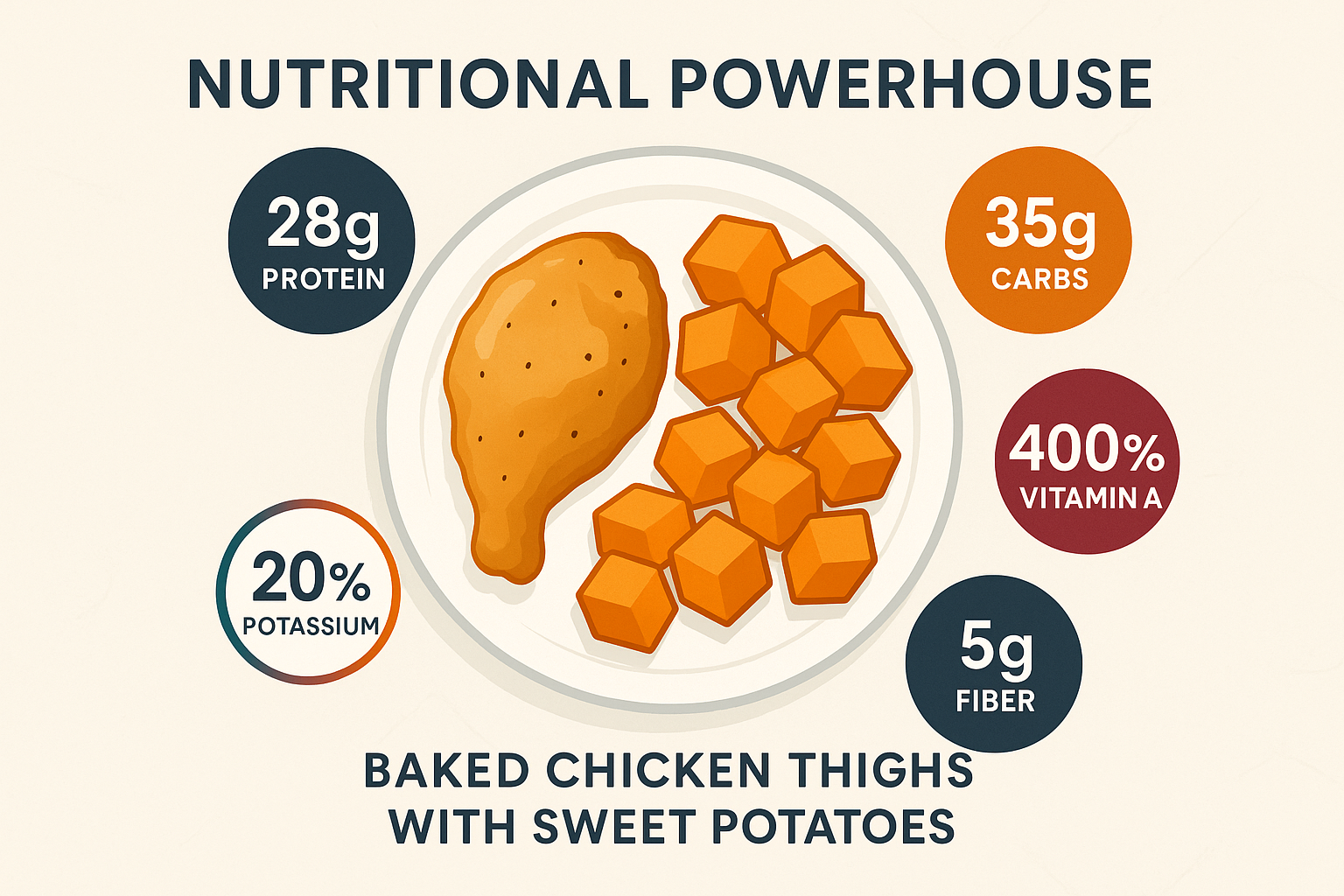 A beautiful 1536x1024 landscape infographic showing the nutritional breakdown of one serving of baked chicken thighs with sweet potatoes. Th