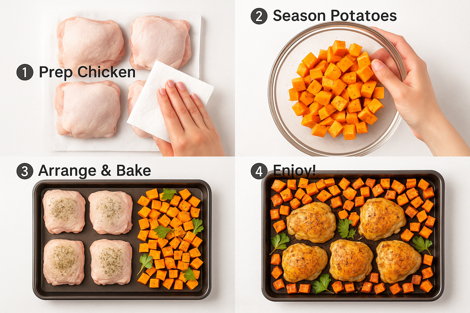 A vibrant 1024x1024 square image showing a step-by-step visual guide with four quadrants. Top left: raw chicken thighs being patted dry with
