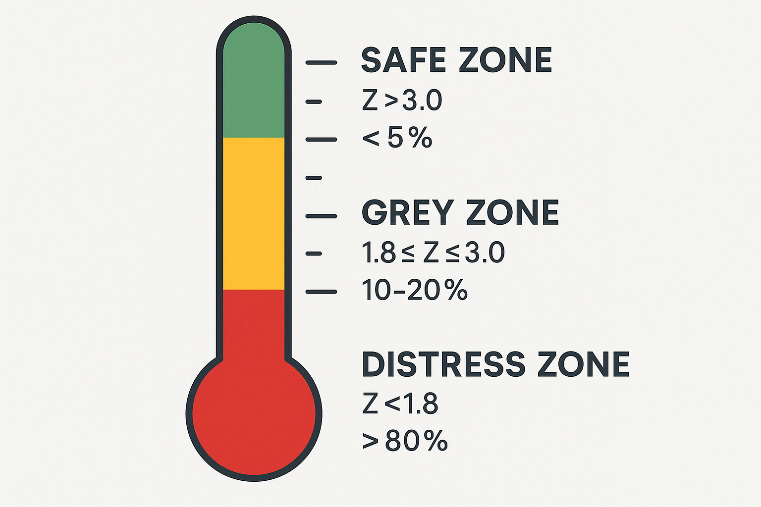Visual diagram in 1024x1024 square format illustrating the three Z-Score zones. Create a vertical thermometer or gauge design showing three 