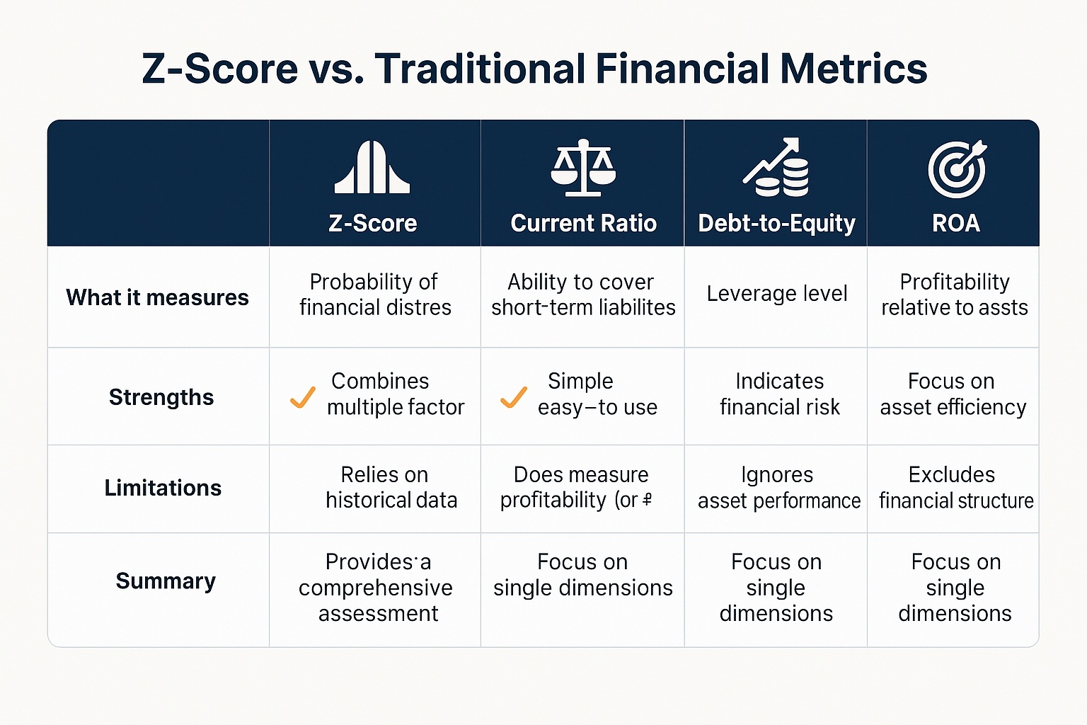 Comparison chart in 1536x1024 landscape format showing "Z-Score vs. Traditional Financial Metrics." Create a side-by-side comparison table w
