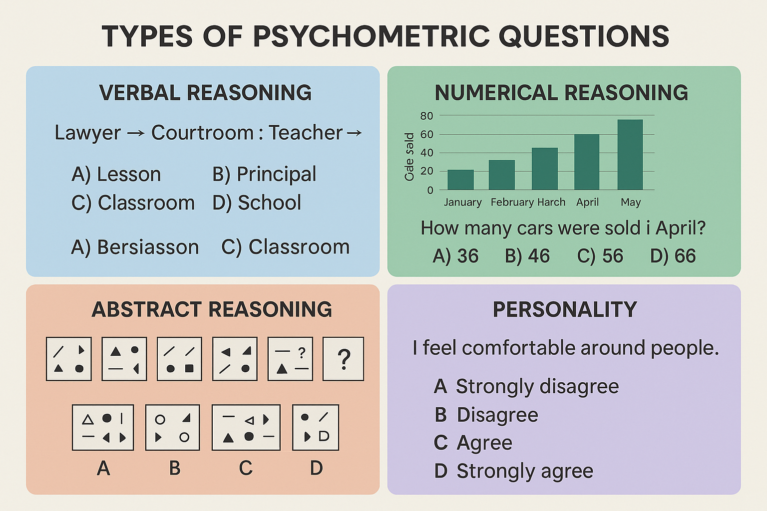 Design a comprehensive visualization in 1536x1024 landscape format displaying different types of psychometric questions. Show examples of ve