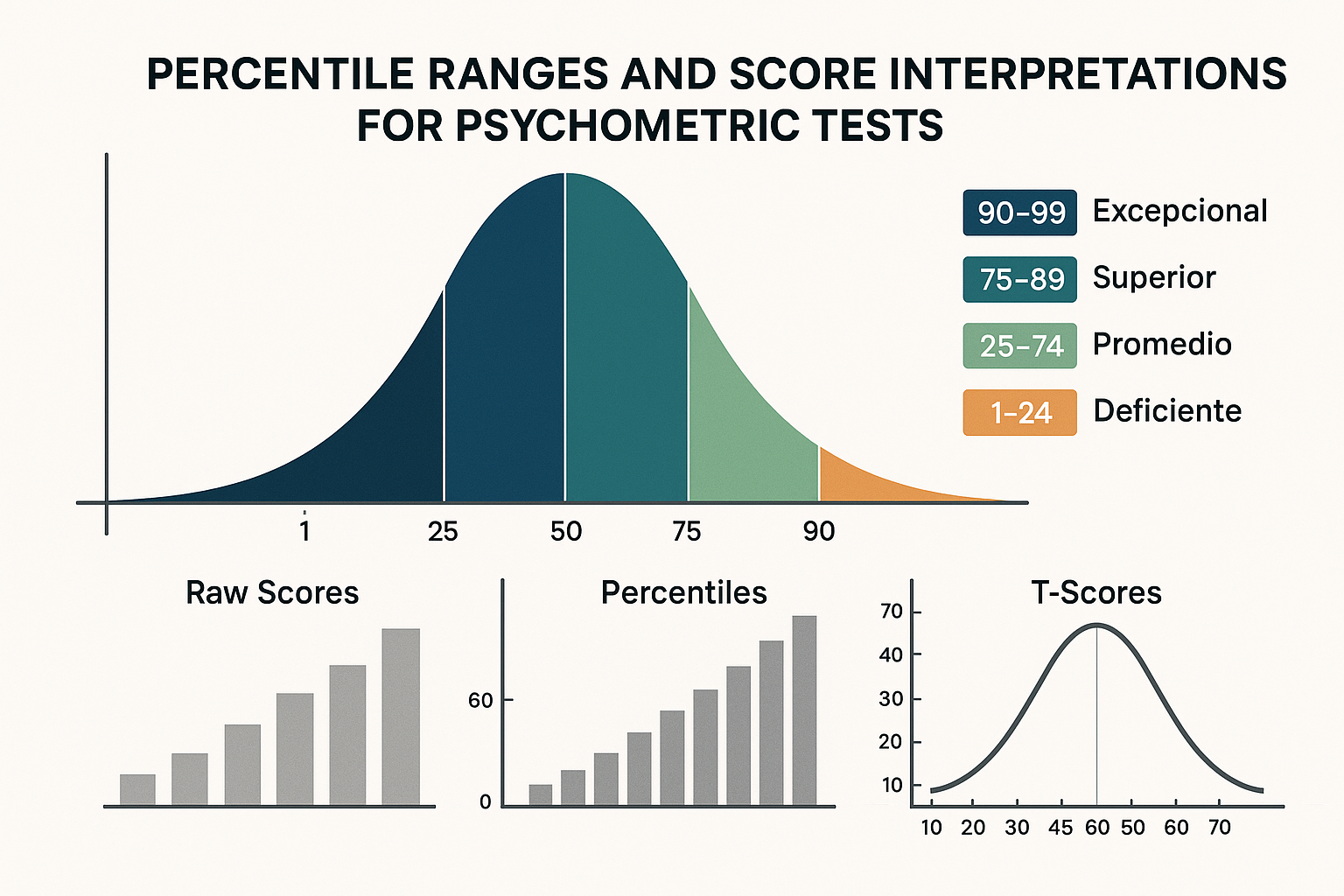 Design a statistical visualization in 1536x1024 landscape format showing percentile ranges and score interpretations for psychometric tests.