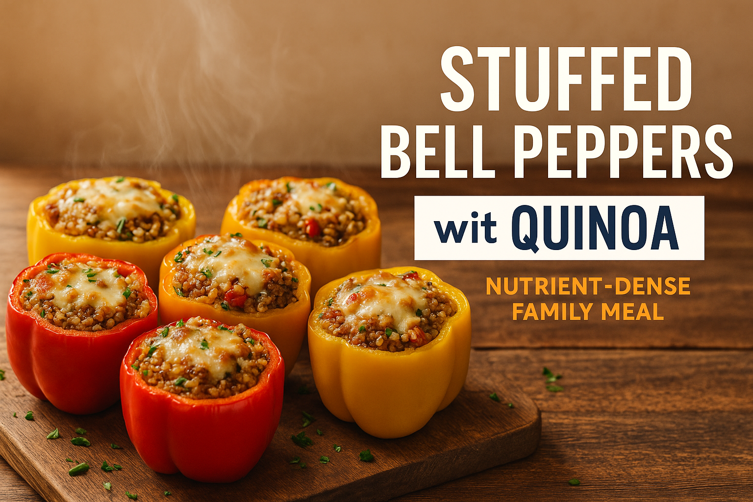 Landscape 1536x1024 cover image featuring six colorful stuffed bell peppers (red, yellow, and orange) arranged on a rustic wooden table, fil