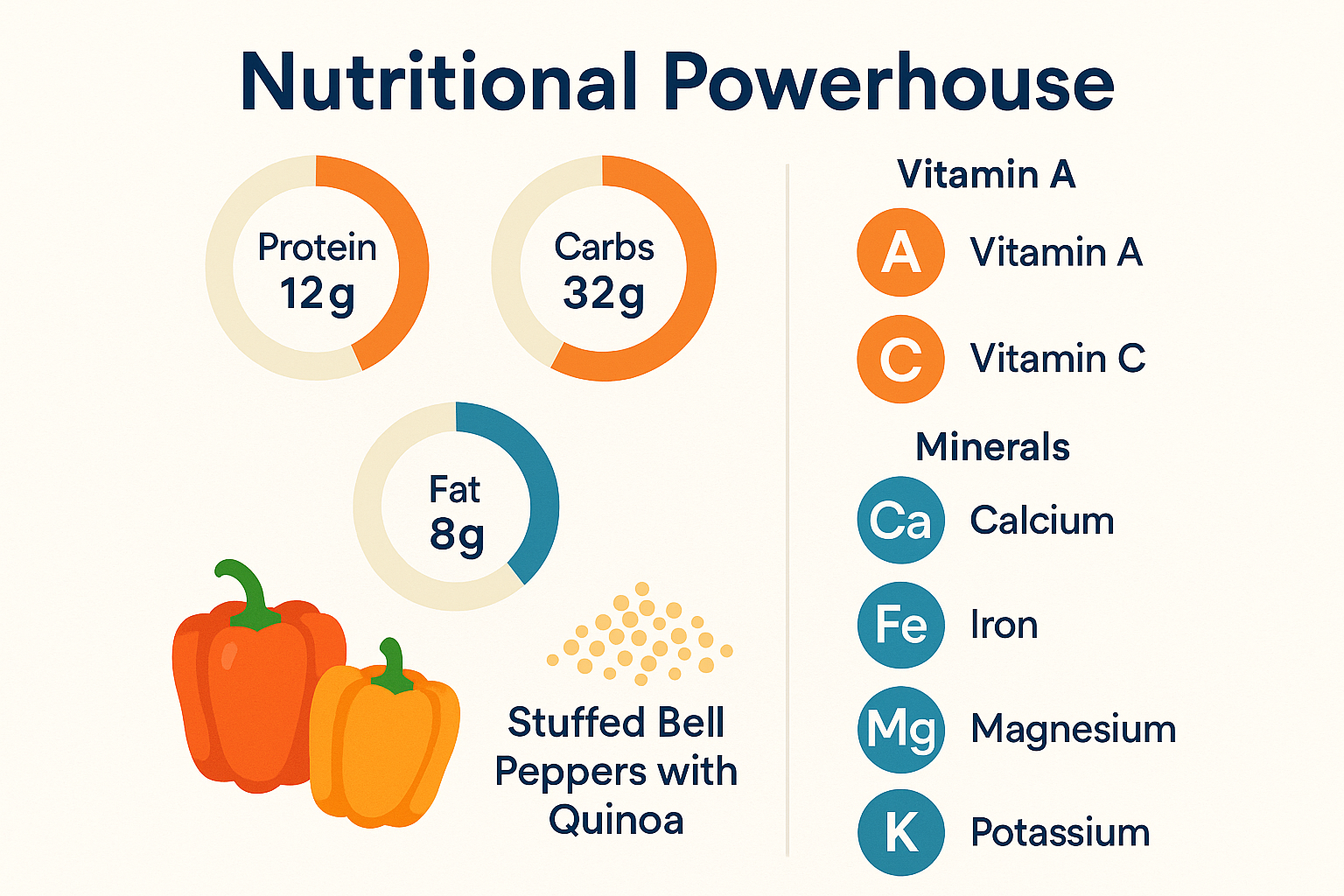 Square 1024x1024 infographic showing the nutritional breakdown of stuffed bell peppers with quinoa. Create a clean, modern design with icons