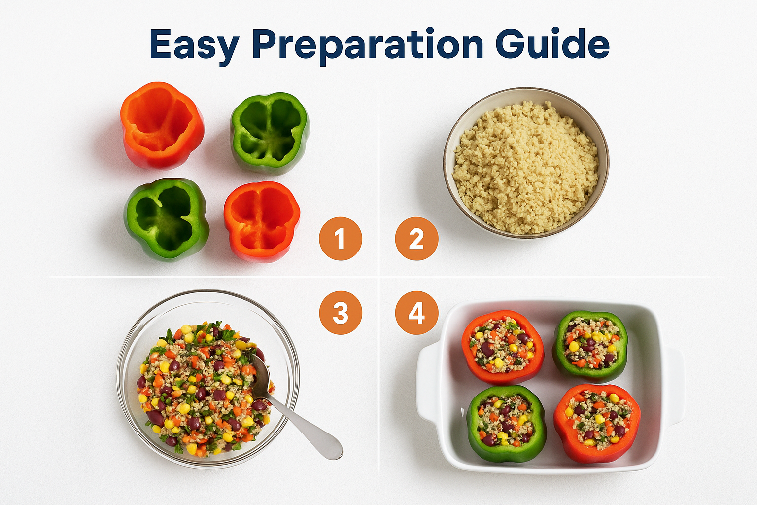 Landscape 1536x1024 step-by-step visual guide showing four stages of preparation. Panel 1: Raw bell peppers with tops cut off. Panel 2: Cook
