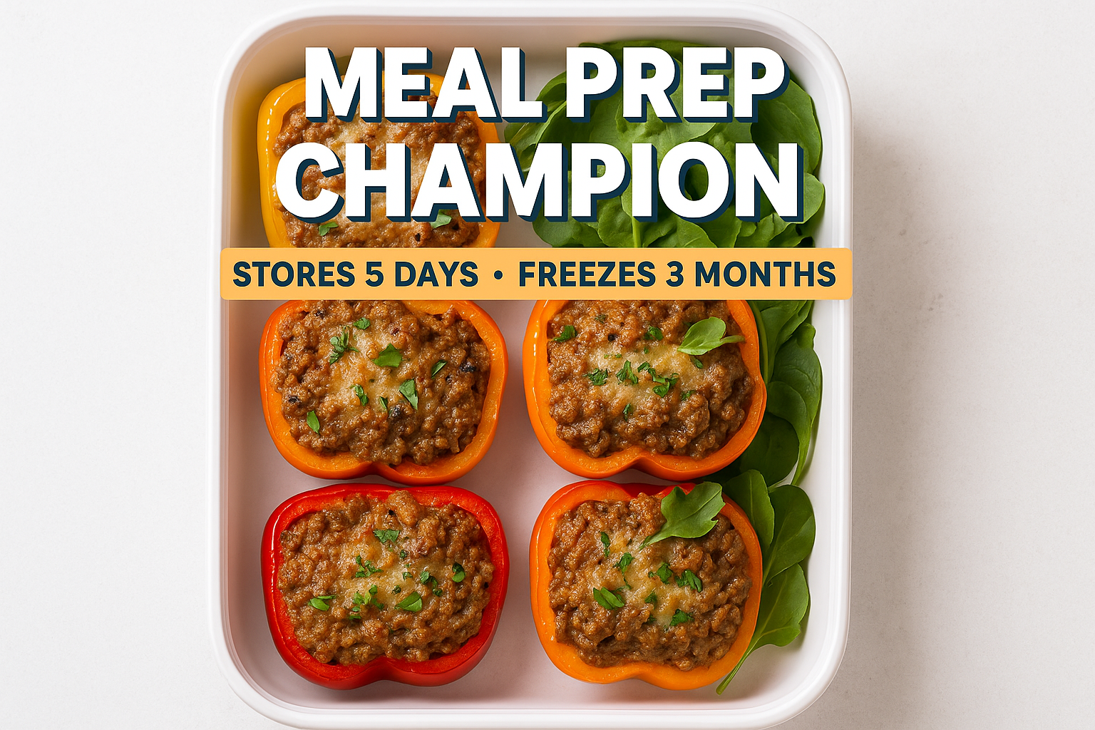 Square 1024x1024 image showing a meal prep container layout with four stuffed bell pepper halves neatly arranged, garnished with fresh herbs