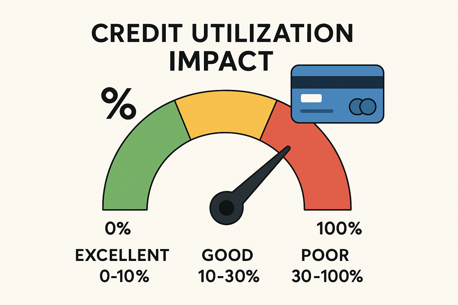 Illustration (1024x1024 square): Visual representation of credit utilization concept. Circular gauge/speedometer showing utilization percent