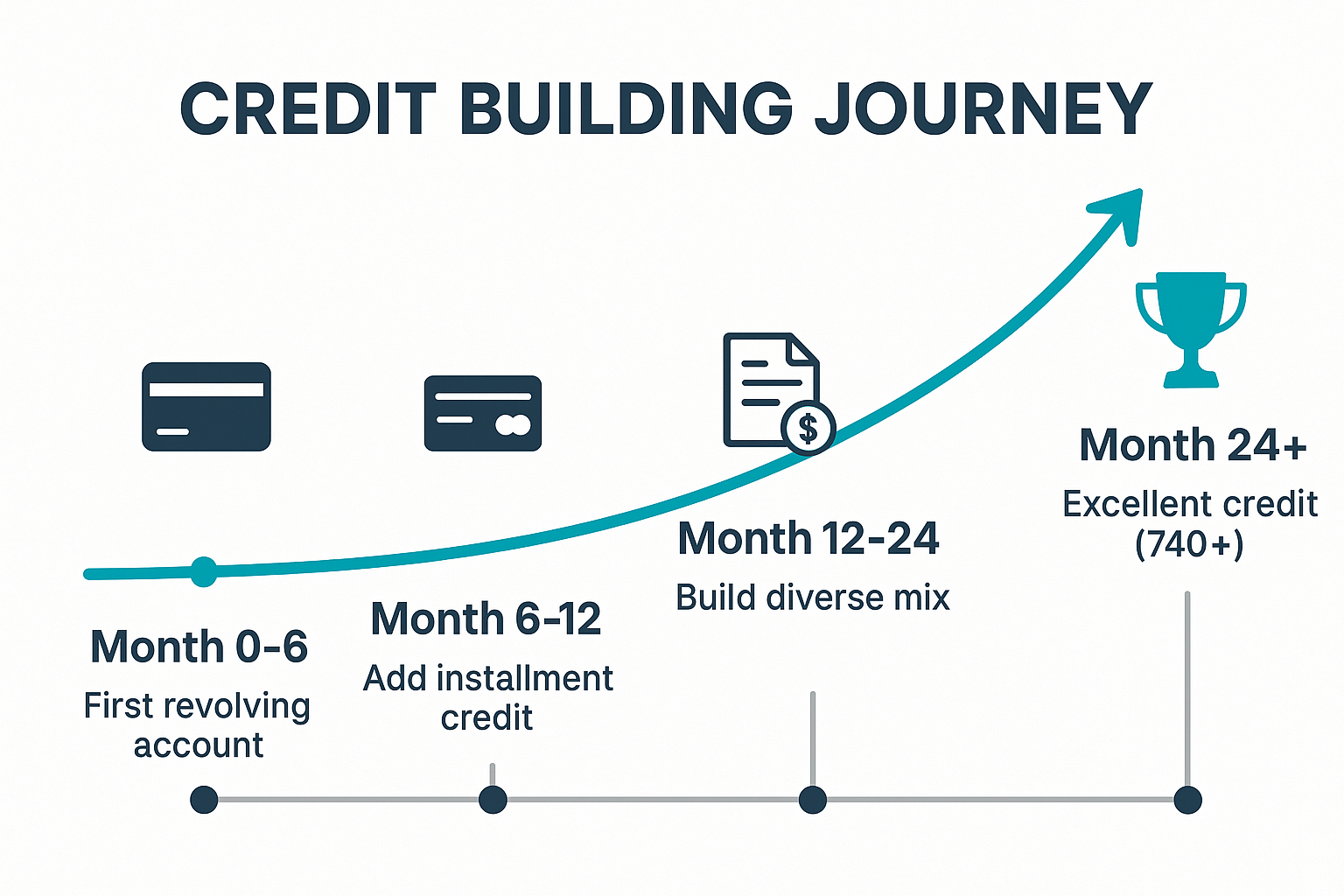 Diagram (1536x1024 landscape): Timeline visualization showing "Credit Building Journey" from Month 0 to Month 24+. Shows progression with mi