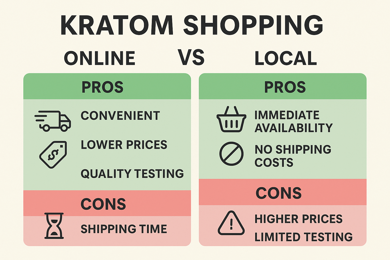 Infographic in 1536x1024 landscape format comparing online vs local kratom shopping with two columns showing pros and cons. Include icons fo