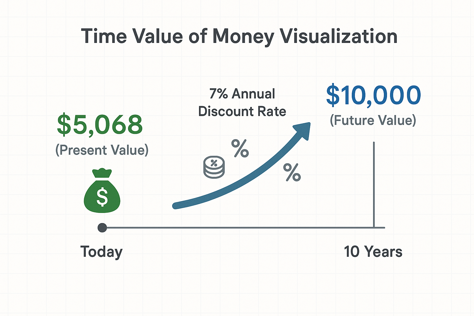 A timeline infographic in 1536x1024 landscape format illustrating the time value of money concept. Show a horizontal timeline from "Today" o
