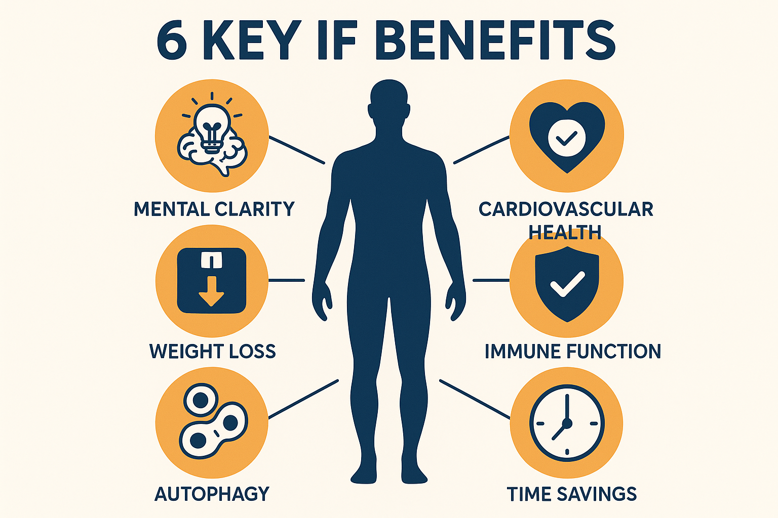 Square 1024x1024 infographic showing a human body silhouette in the center with 6 circular icons radiating outward, each representing a key 