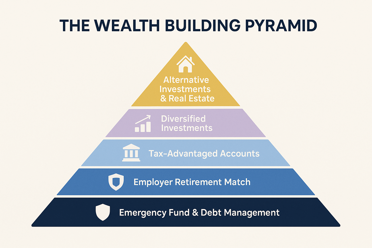 Create a 1536x1024 landscape infographic showing "The Wealth Building Pyramid" with five levels. Bottom level (largest): "Emergency Fund & D