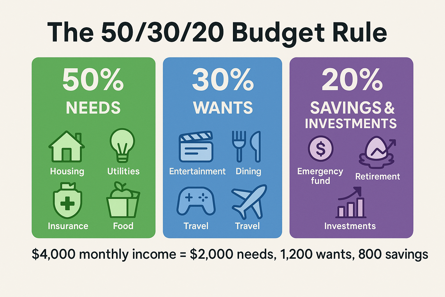 Create a 1536x1024 landscape infographic showing "The 50/30/20 Budget Rule" with three sections. Left section (50%, green): "NEEDS" with ico