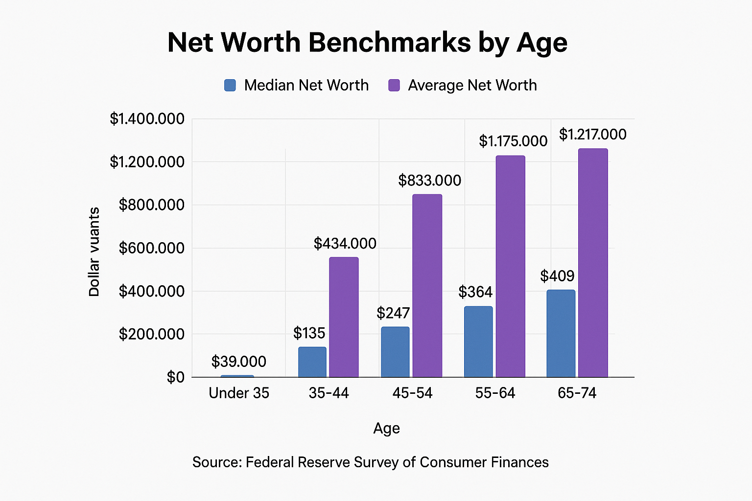 Create a 1024x1024 square comparison chart titled "Net Worth Benchmarks by Age" showing a bar graph. X-axis: age ranges (Under 35, 35-44, 45