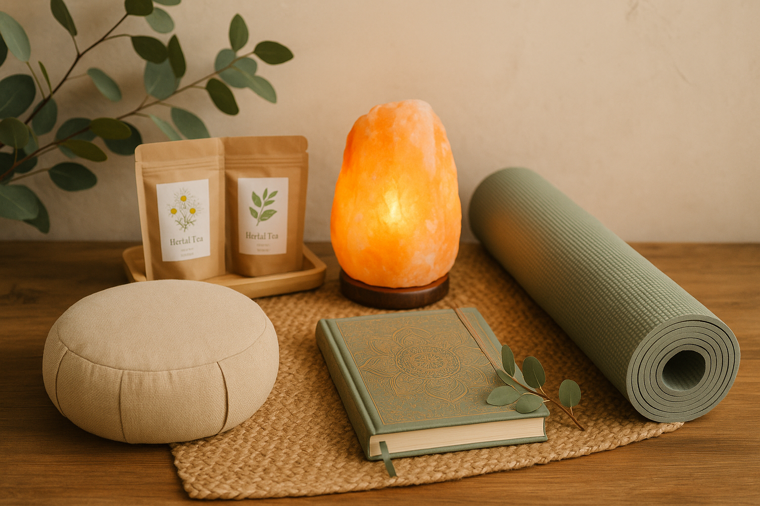 Create a 1024x1024 square image showing wellness and mindfulness gifts - meditation cushion, beautiful journal, yoga mat, salt lamp, and her