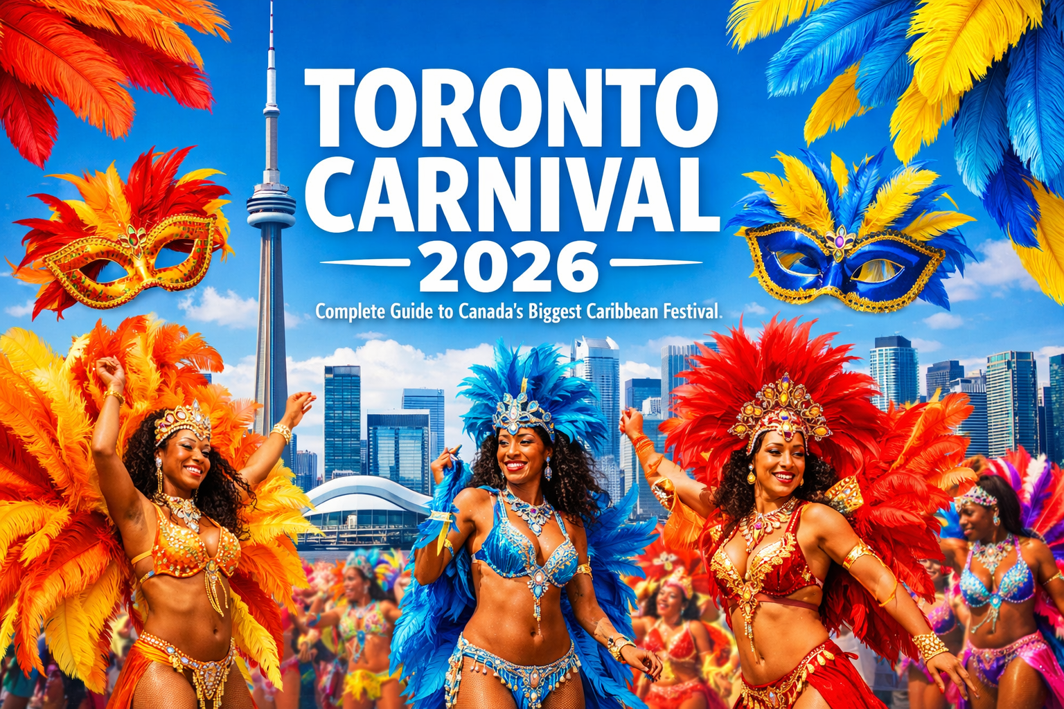Cover image - 1536x1024 landscape format showing a vibrant Toronto skyline backdrop with carnival masqueraders in elaborate feathered costum