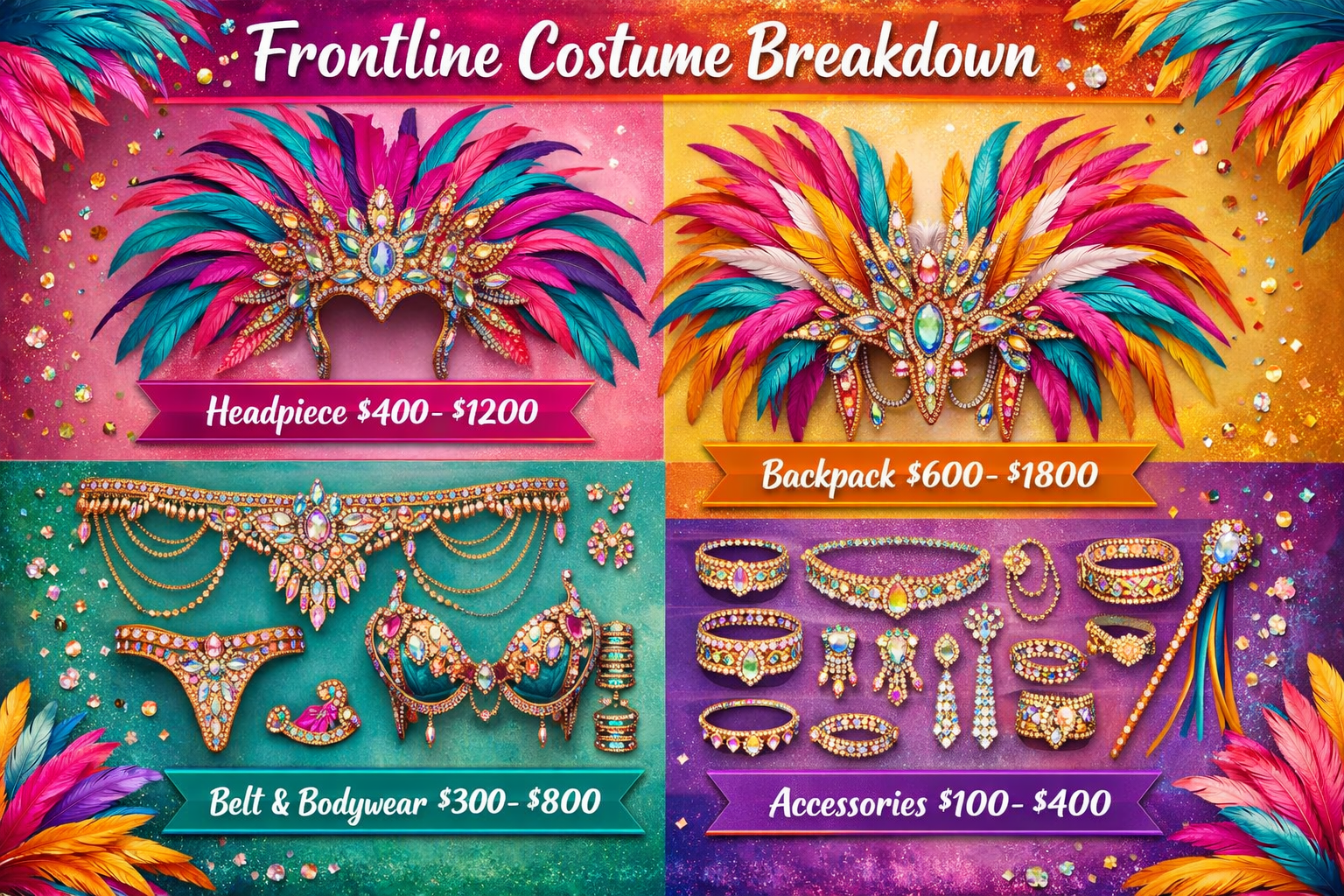 1024x1024 square image showing a detailed breakdown of carnival costume elements - headpiece, backpack, belt, and accessories laid out beaut
