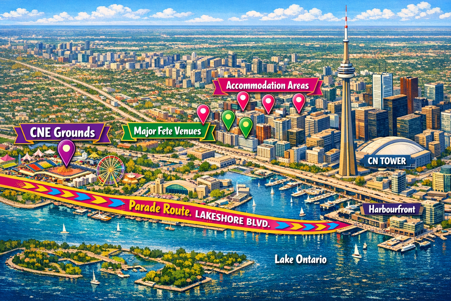 1536x1024 landscape image showing a map of Toronto with carnival event locations marked - parade route along Lakeshore Boulevard, CNE ground
