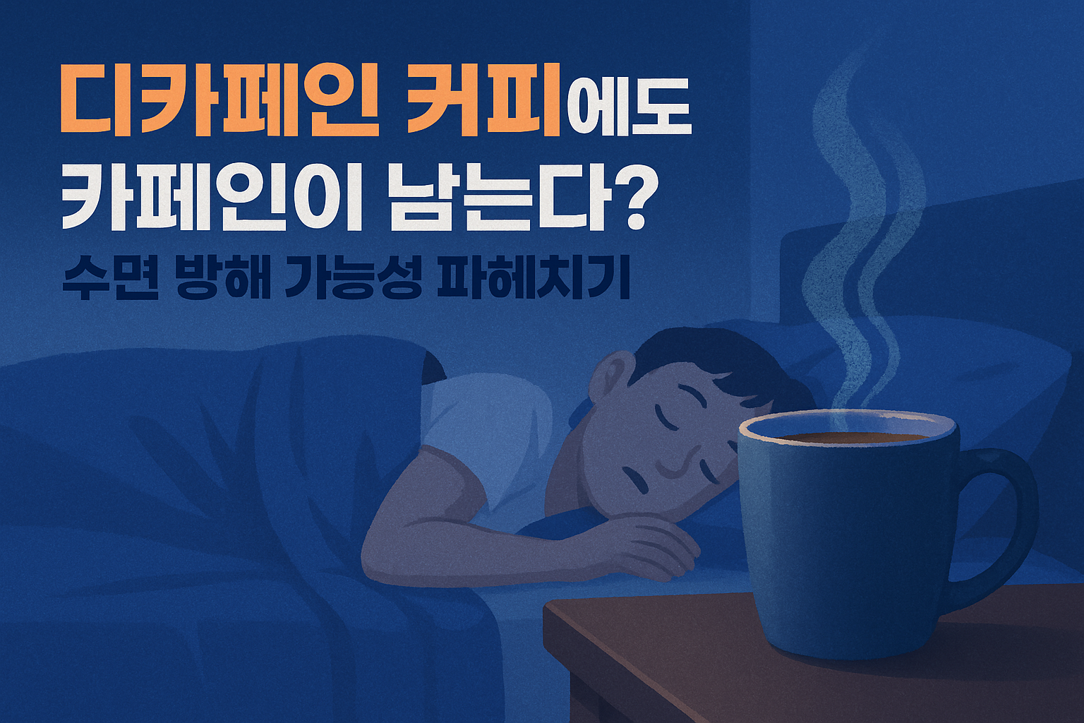 Create a cover image in 1536x1024 landscape format showing a peaceful nighttime scene with a steaming cup of decaf coffee on a bedside table