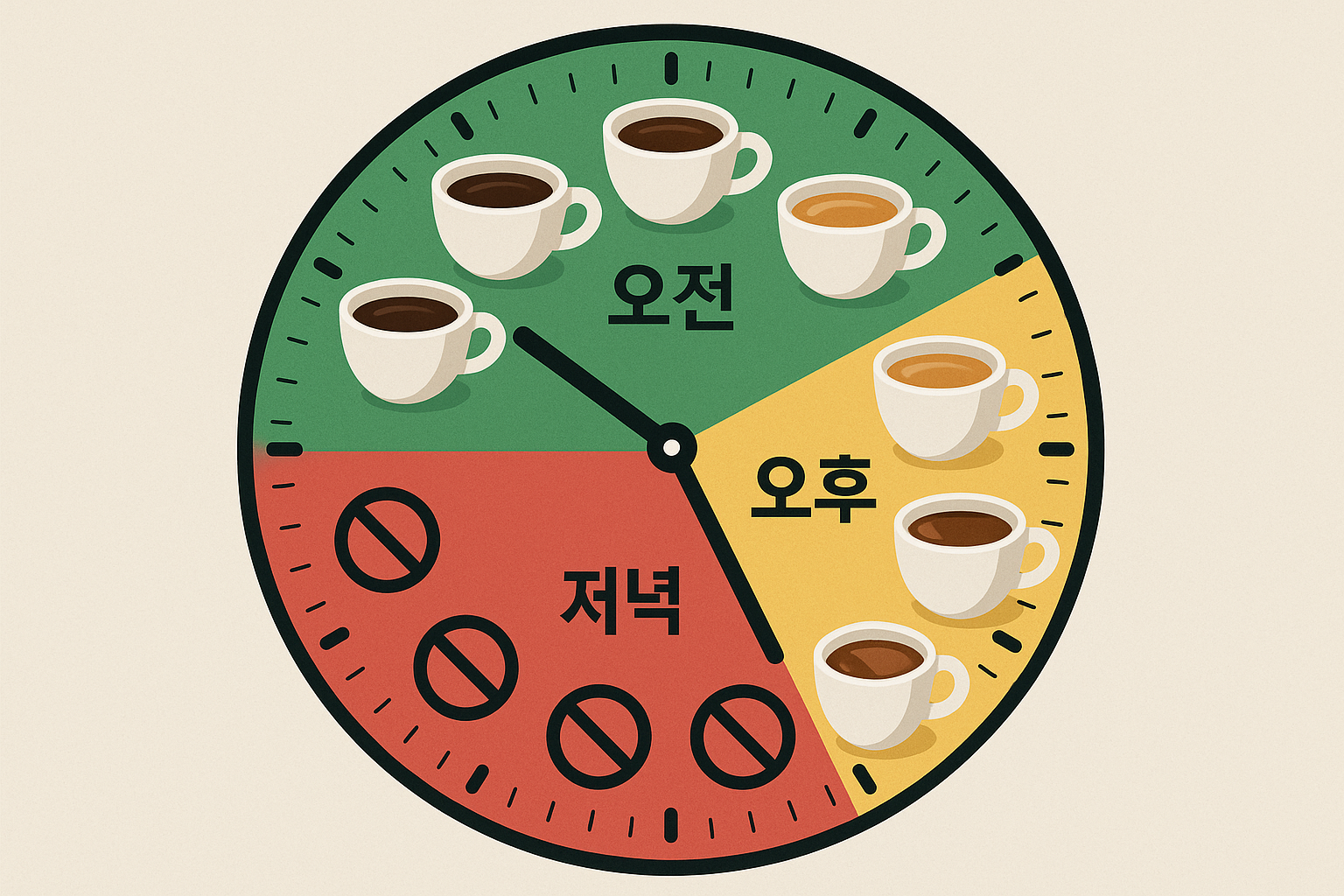 Create a 1024x1024 square image showing a clock face divided into time zones with coffee cups - regular coffee in morning hours, decaf coffe