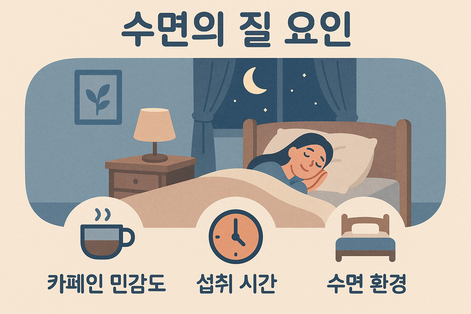 Create a 1024x1024 square illustration showing sleep quality factors. Display a peaceful bedroom scene with icons representing caffeine sens