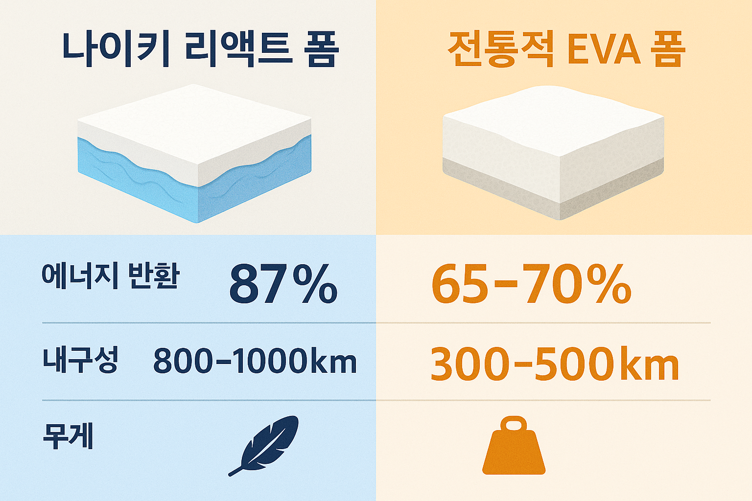 Landscape infographic (1536x1024) comparing Nike React Foam technology with traditional EVA foam. Split the image into two sections with cle